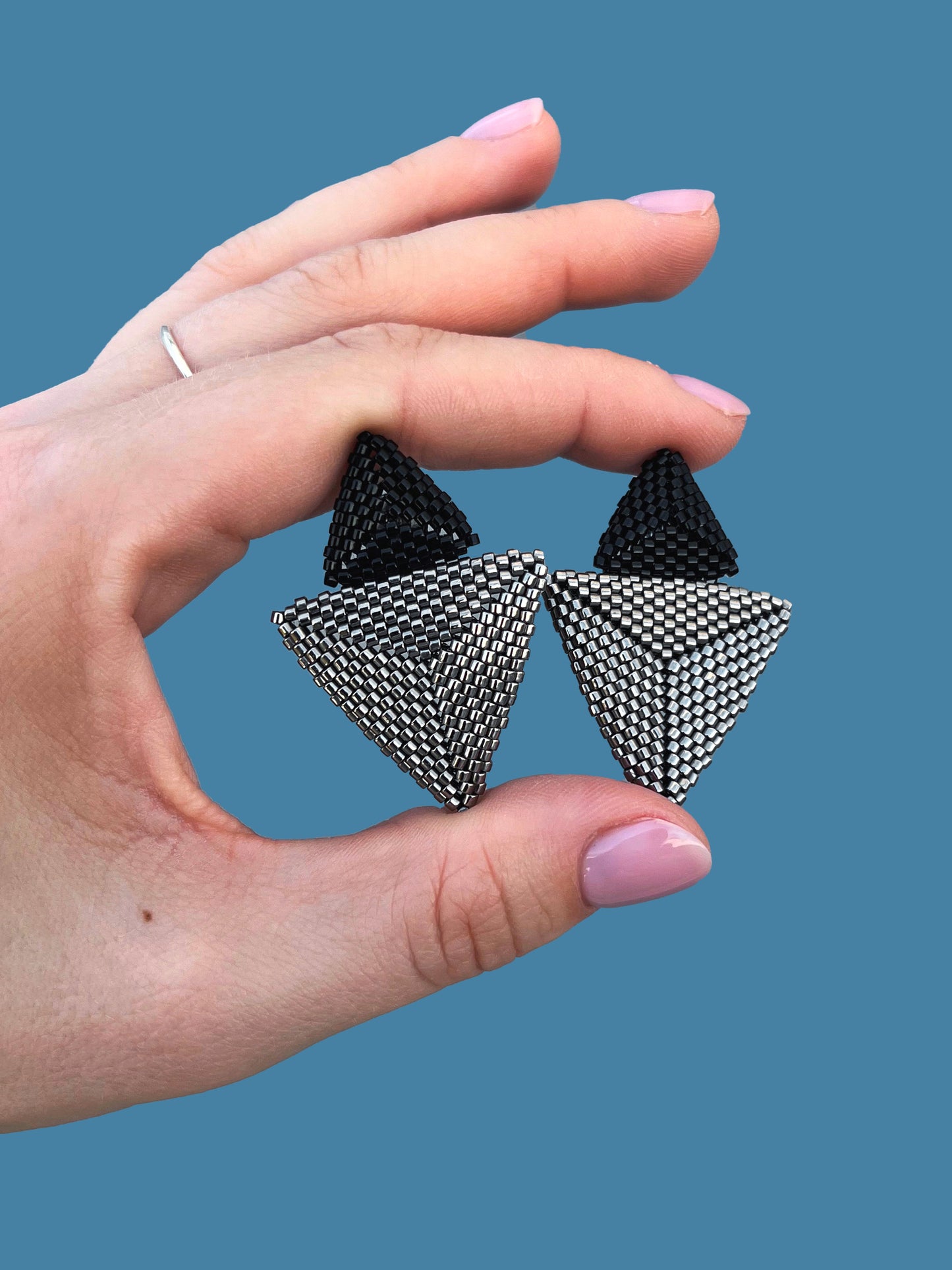 "Thalia" Triangle Dark Silver and Black Beaded Stud Earrings