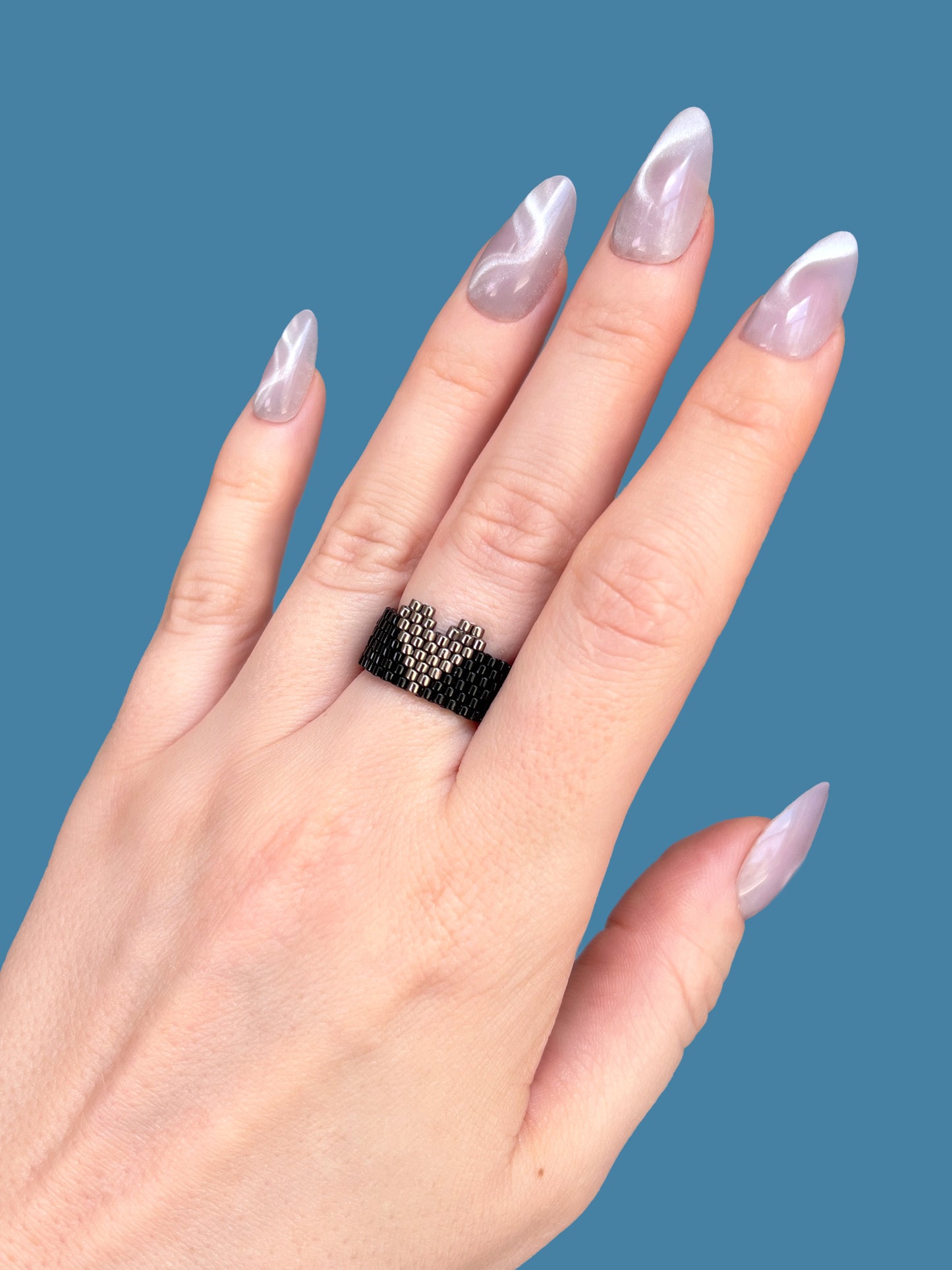 "Sable" Silver Heart Seed Bead Ring