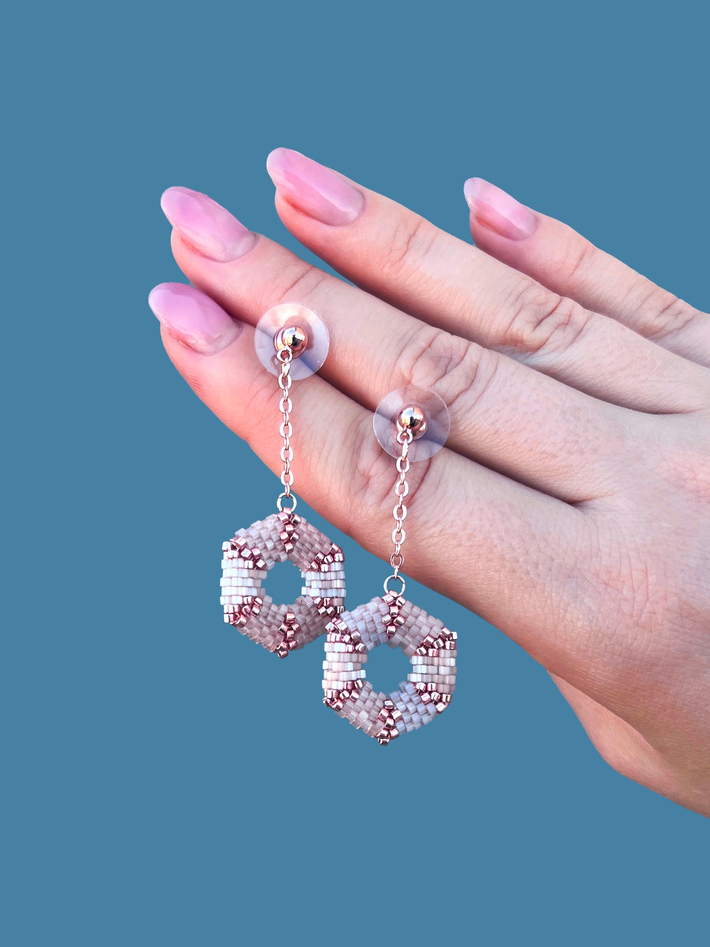 "Celestia Pink" Hexagon Rose Gold and Pink Satin Beaded Dangle Stud Earrings