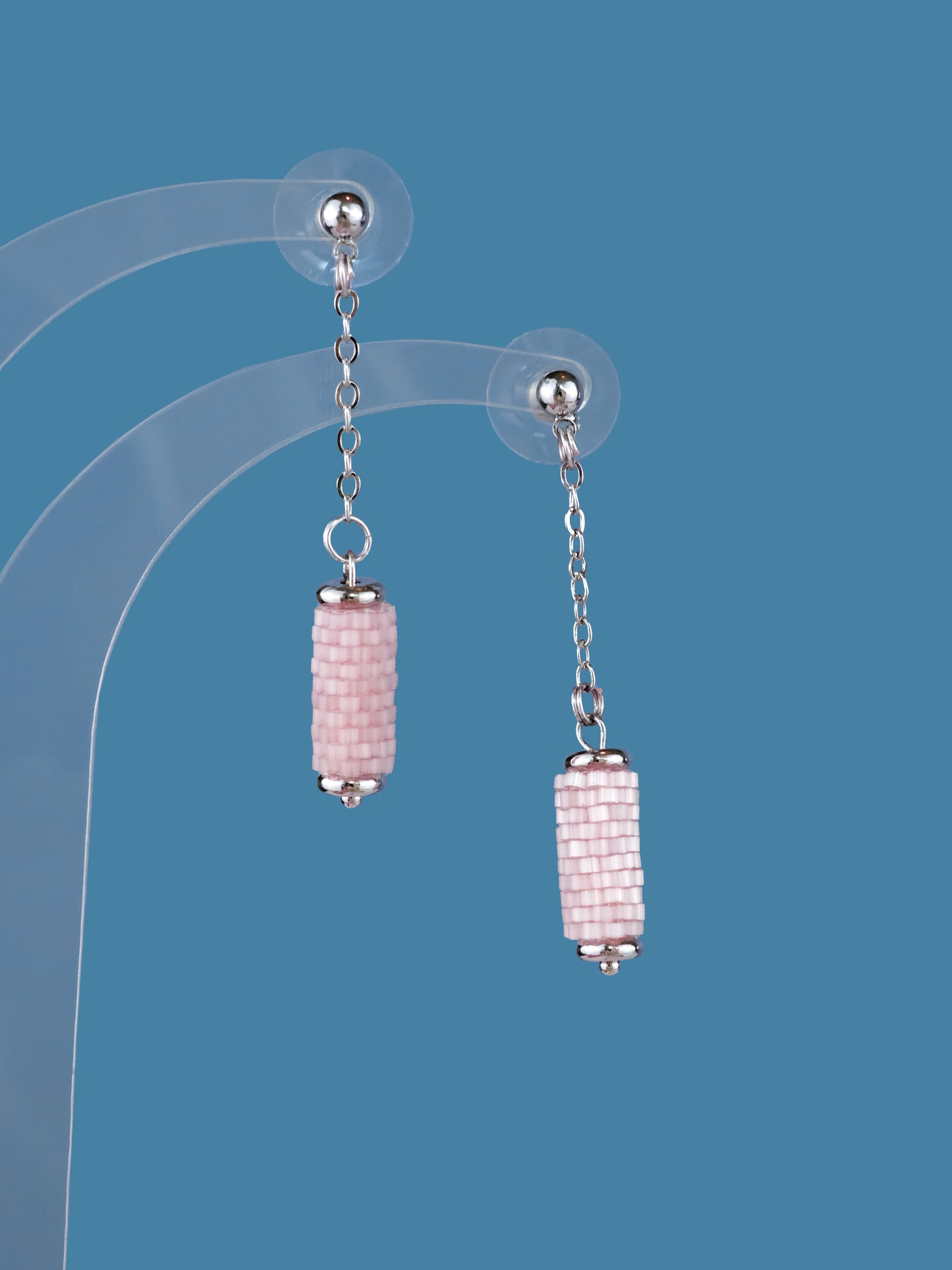 "Primrose" Long Dangle Tube Pink Satin Stud Earrings