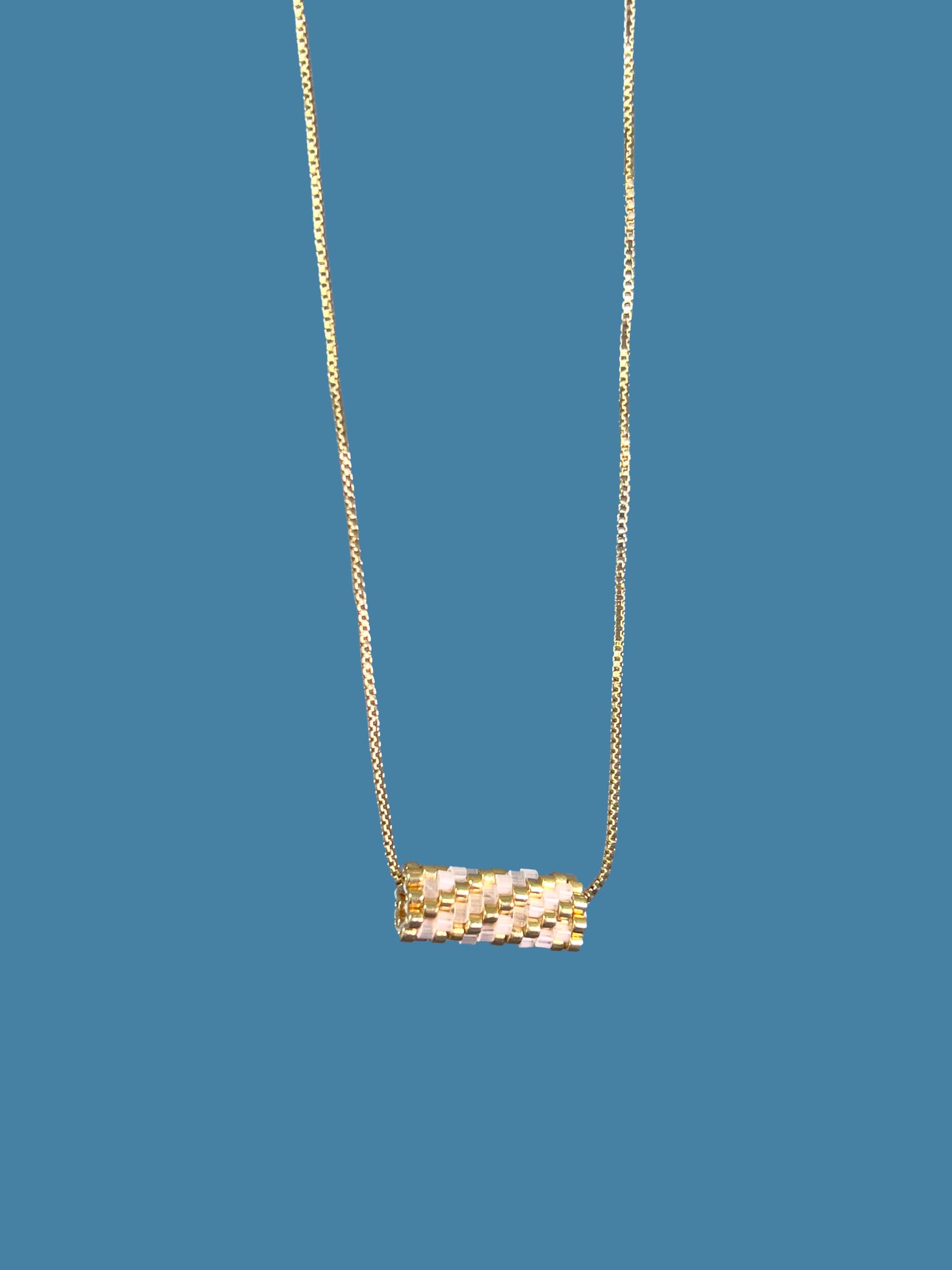 "Allure" Gold and Creamy Satin Tube Diagonal Pendant Necklace
