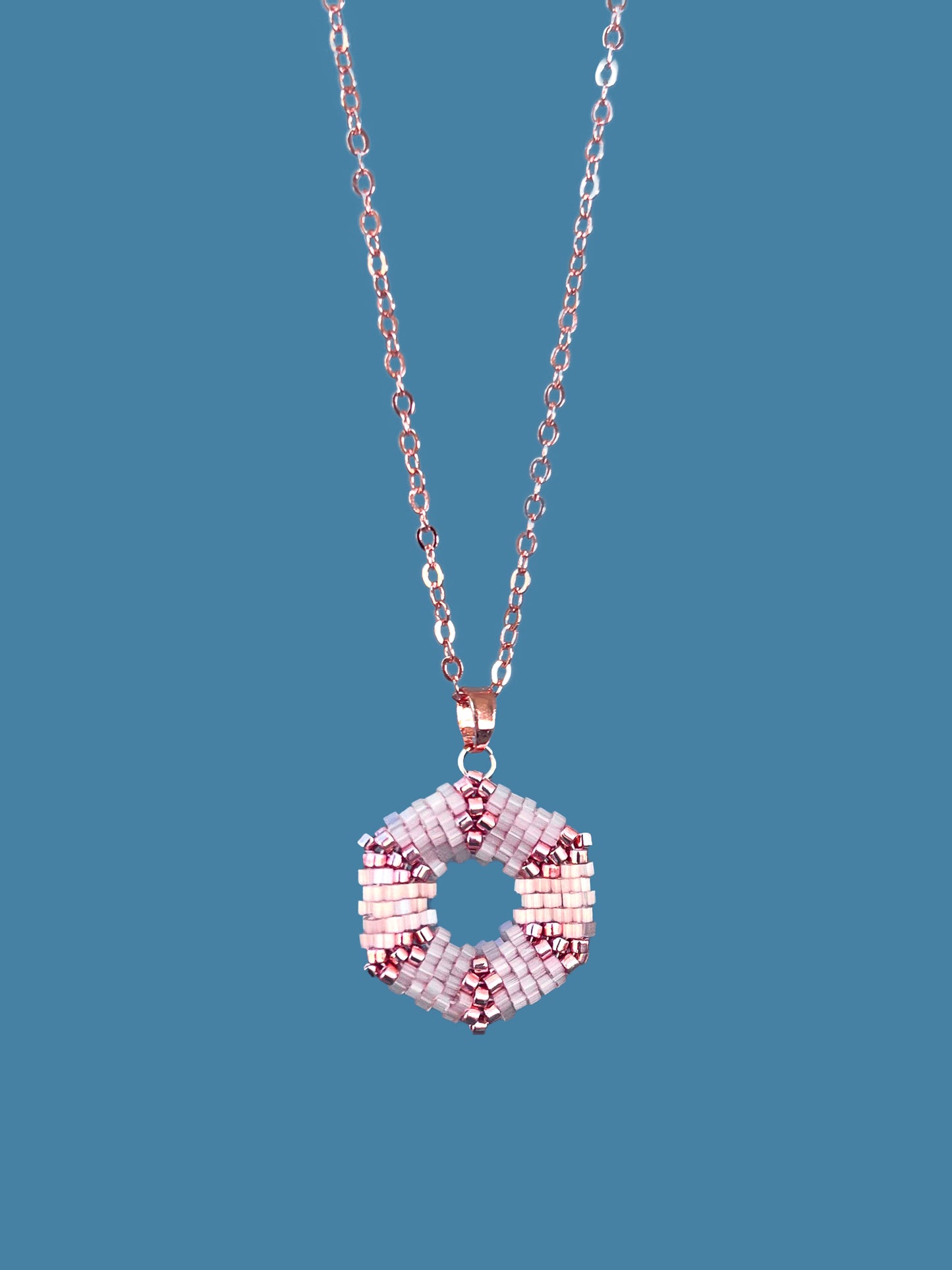 "Celestia Pink" Hexagon Rose Gold and Pink Satin Pendant Necklace
