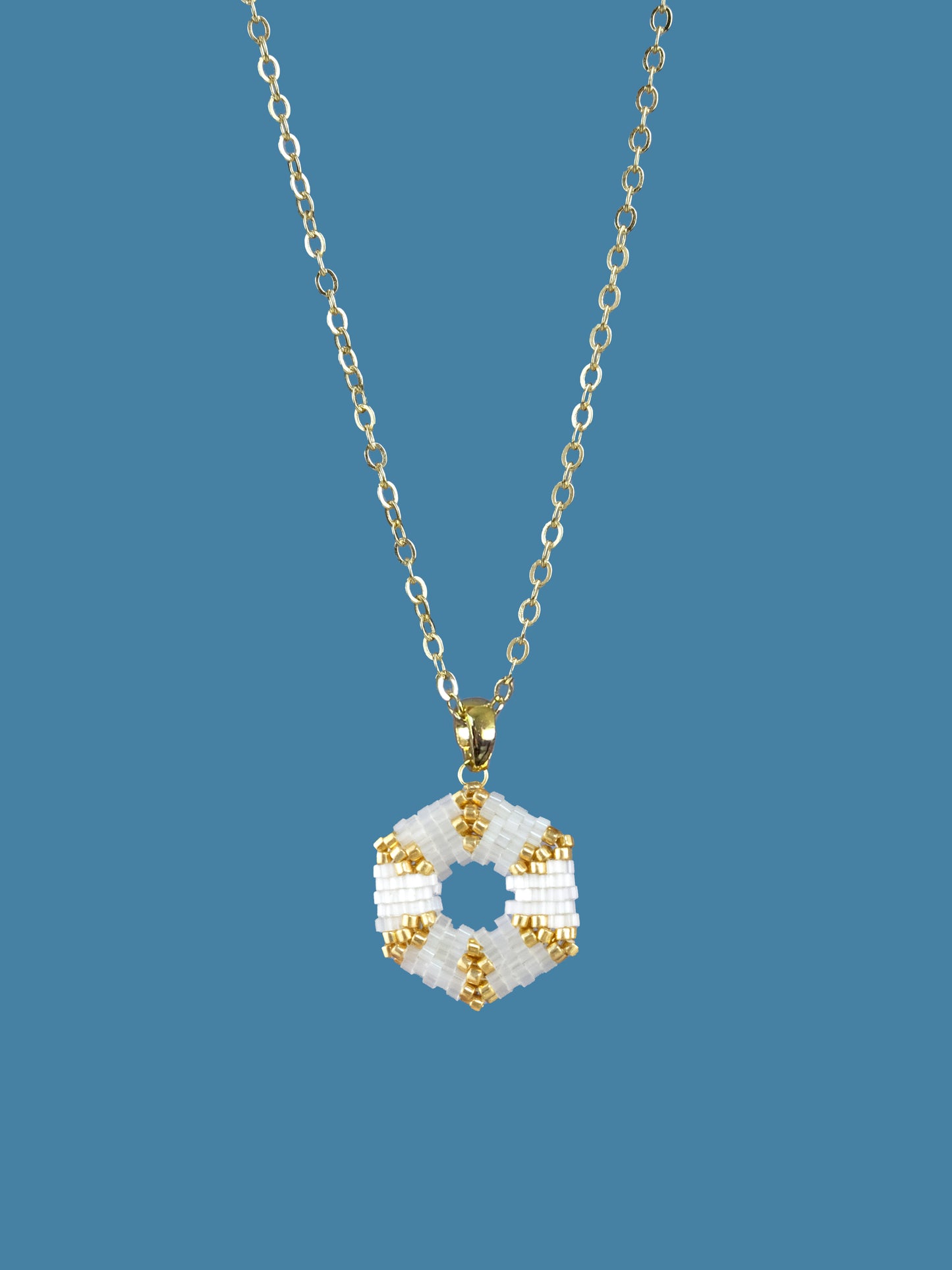 "Celestia Creamy" Hexagon Gold and Creamy Satin Pendant Necklace