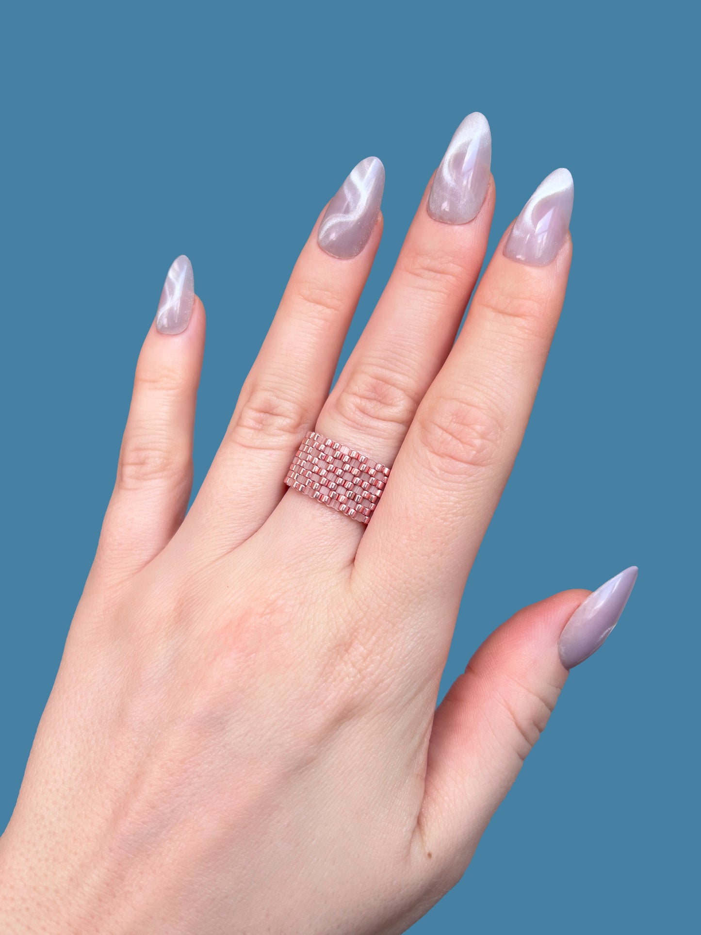 "Sorbet" Rose Gold and Satin Pink Checkers Seed Bead Ring