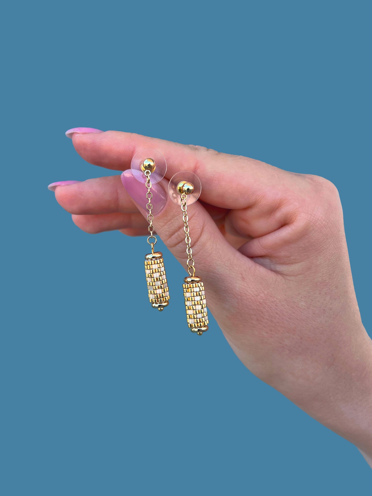 "Dahlia" Long Dangle Tube Gold and Cream Satin Stud Earrings