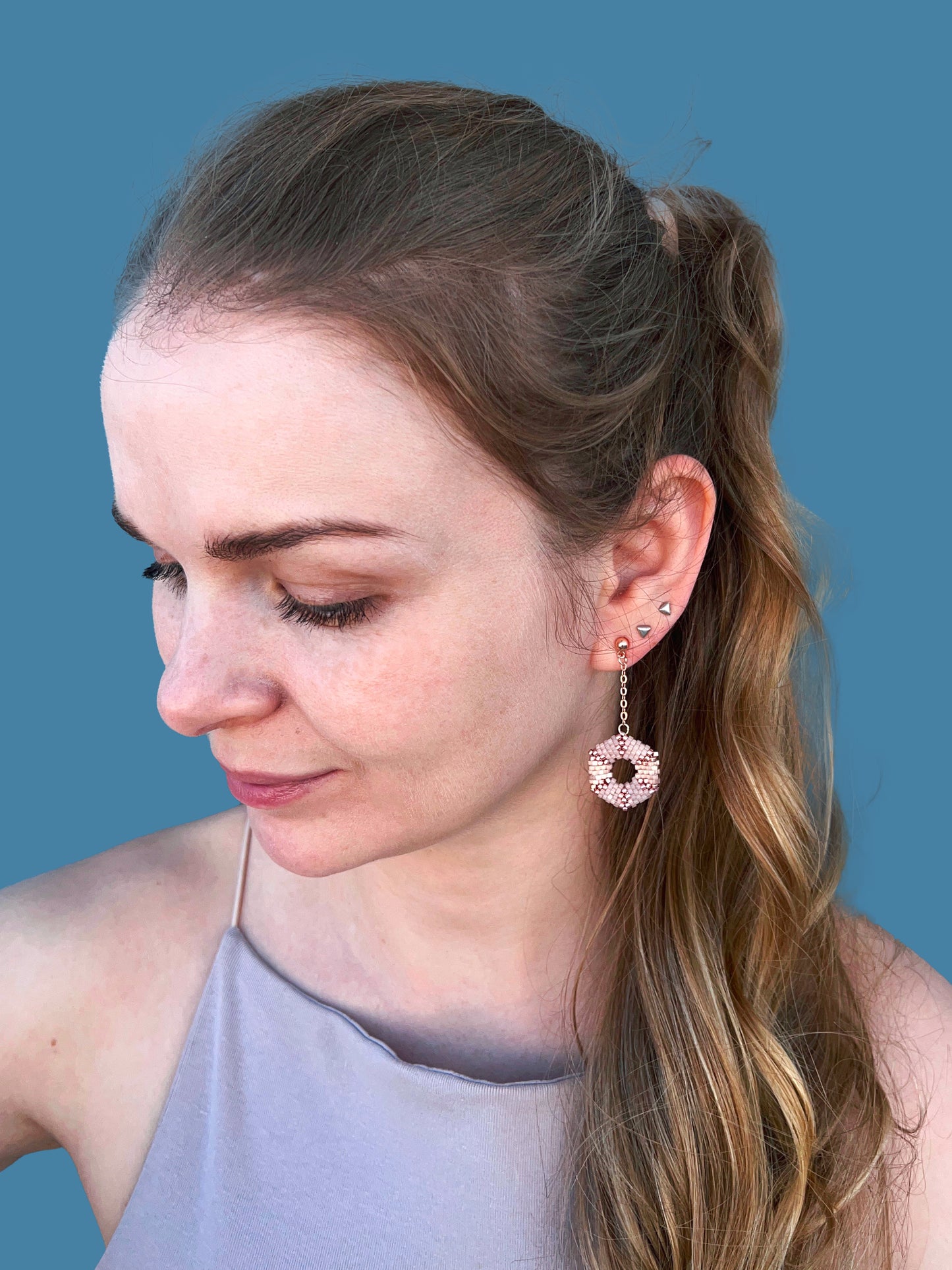"Celestia Pink" Hexagon Rose Gold and Pink Satin Beaded Dangle Stud Earrings
