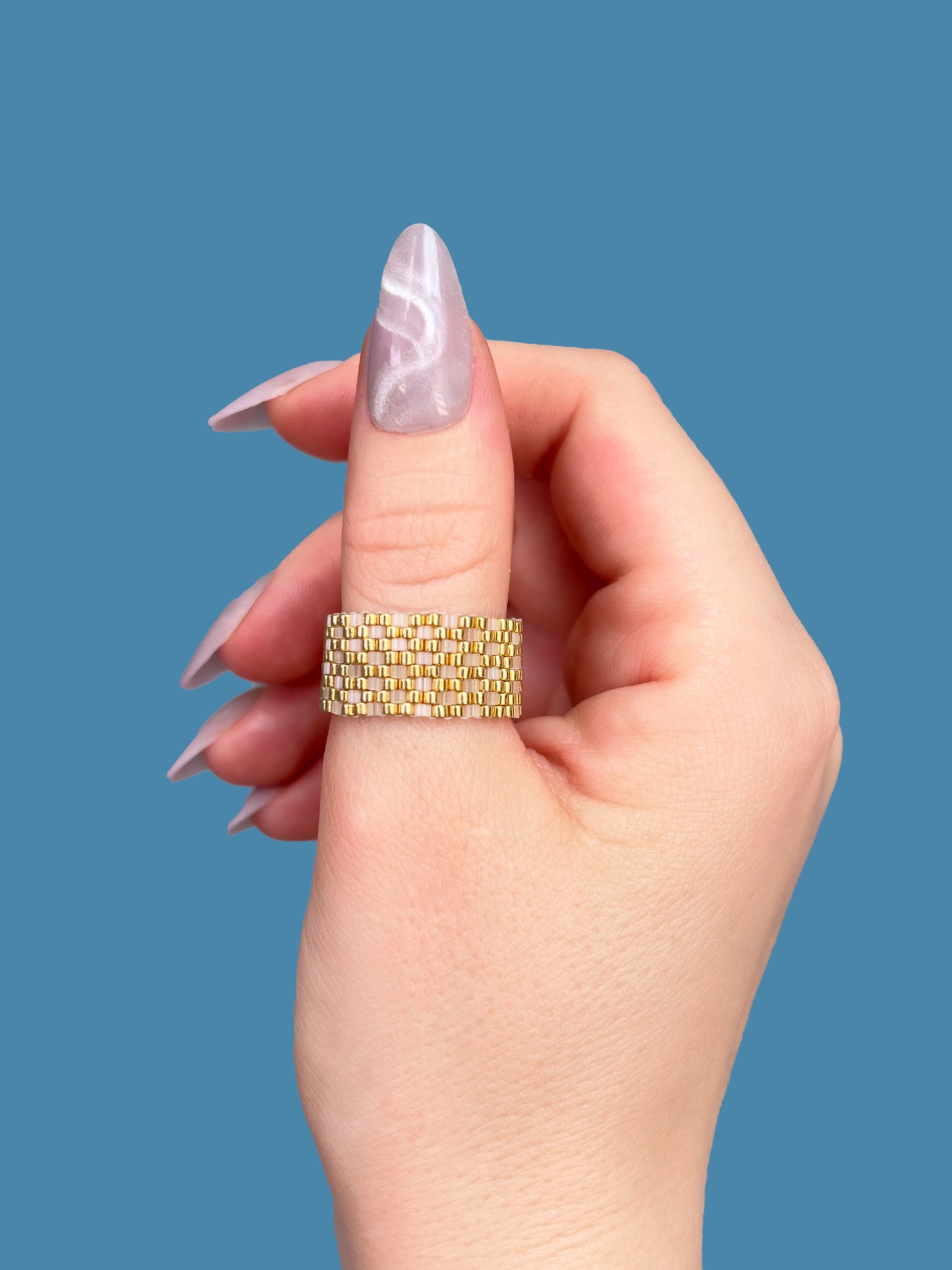 "Dahlia" Gold and Creamy Checkers Seed Bead Ring