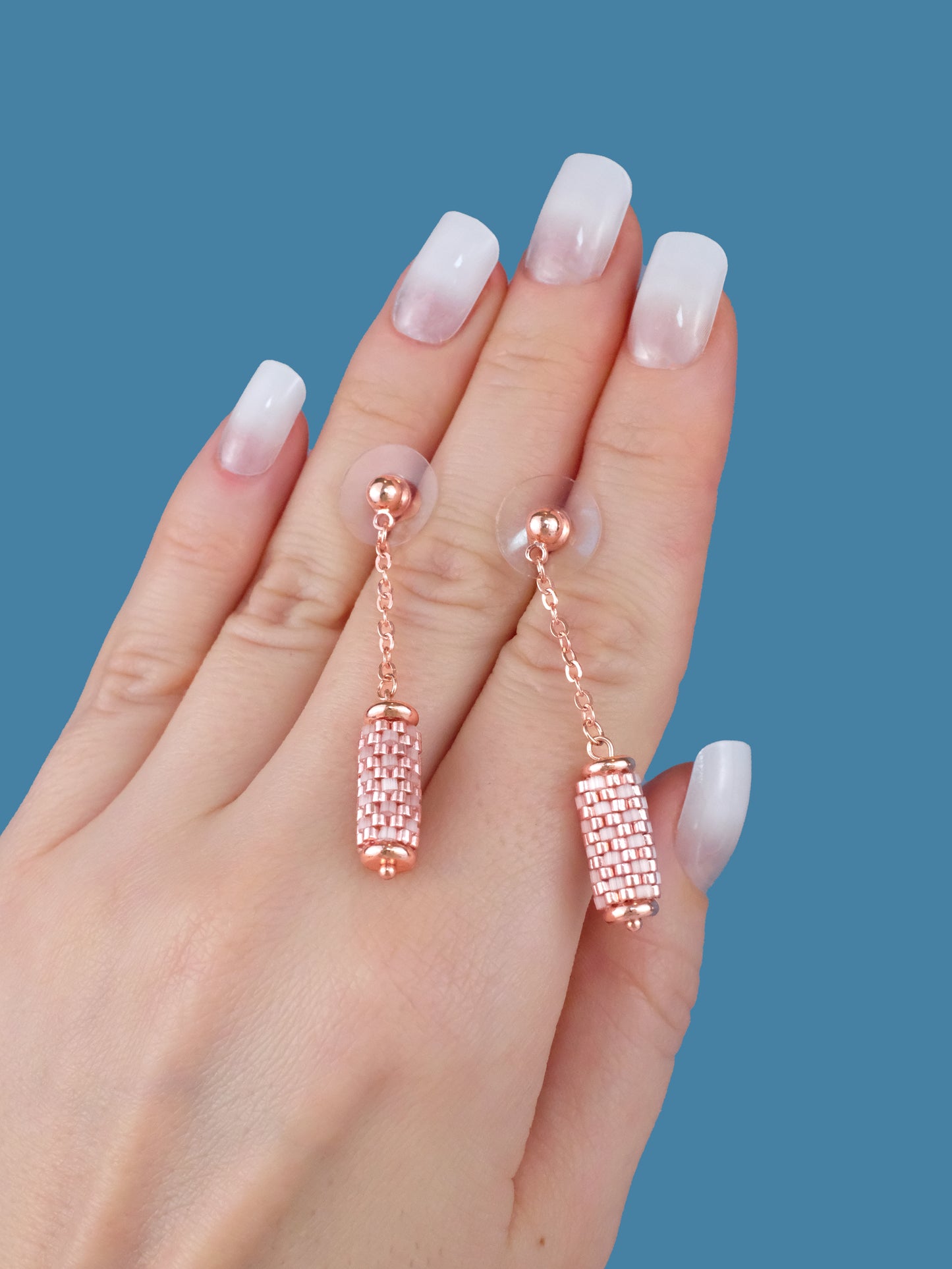 "Sorbet" Long Dangle Tube Rose Gold and Pink Satin Stud Earrings