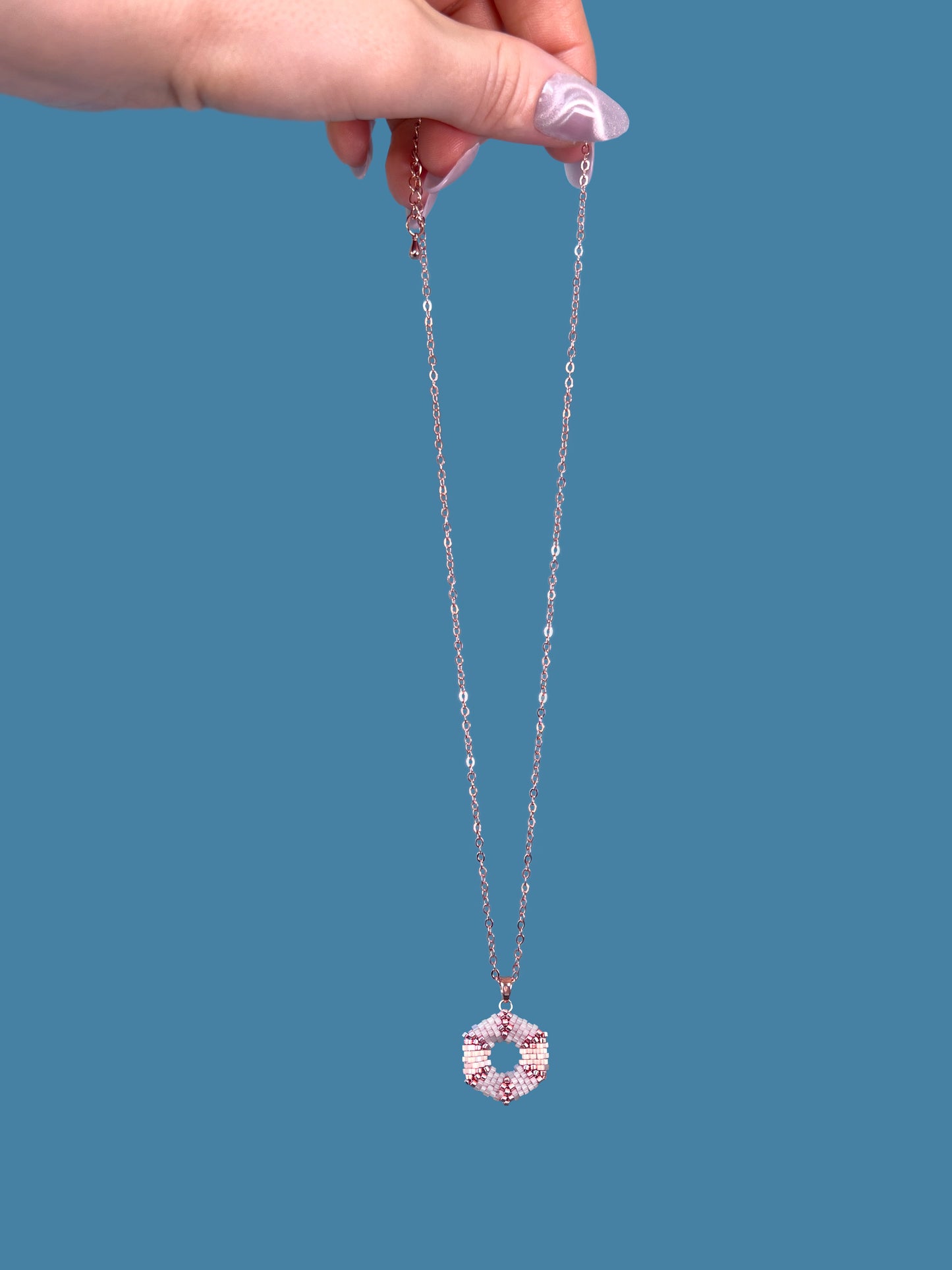 "Celestia Pink" Hexagon Rose Gold and Pink Satin Pendant Necklace
