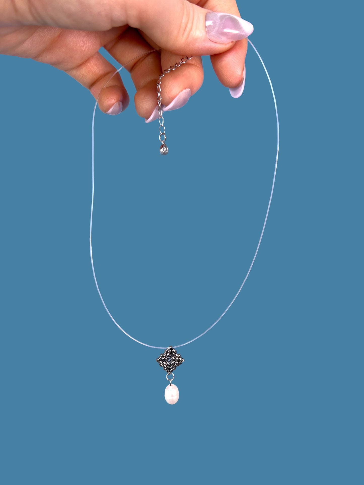 "Elise Silver" Necklace on a String: Dark Silver Pendant with a Pearl