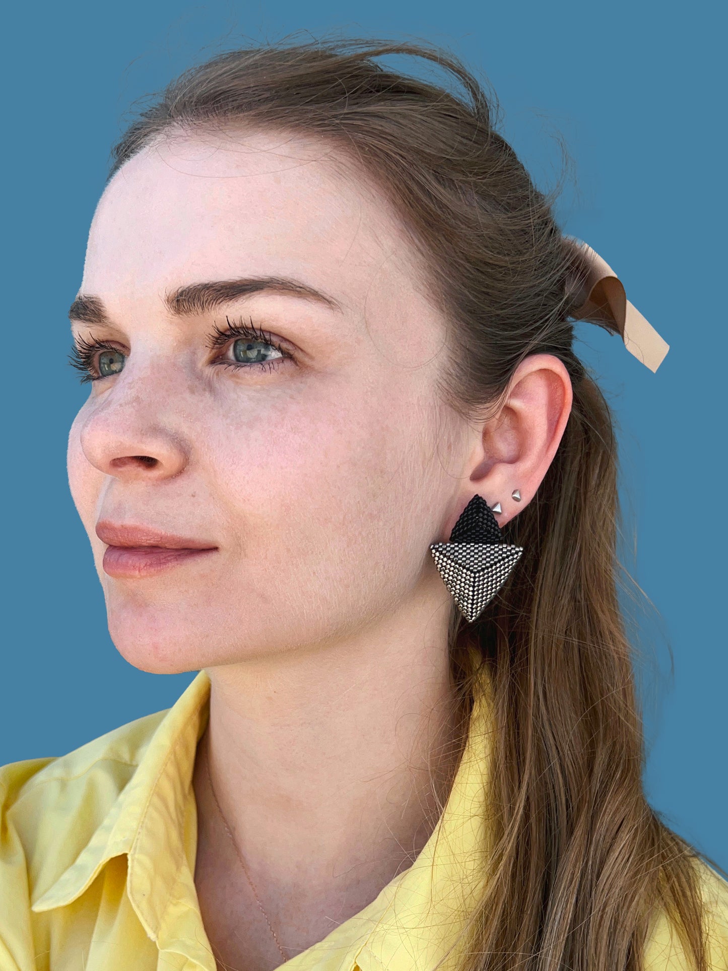 "Thalia" Triangle Dark Silver and Black Beaded Stud Earrings