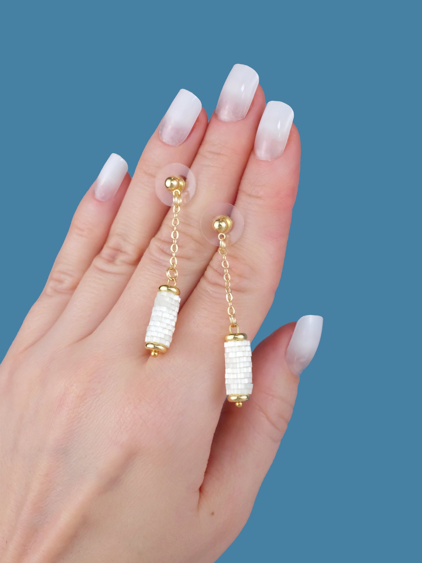 "Ivory" Long Dangle Tube Cream Satin Stud Earrings