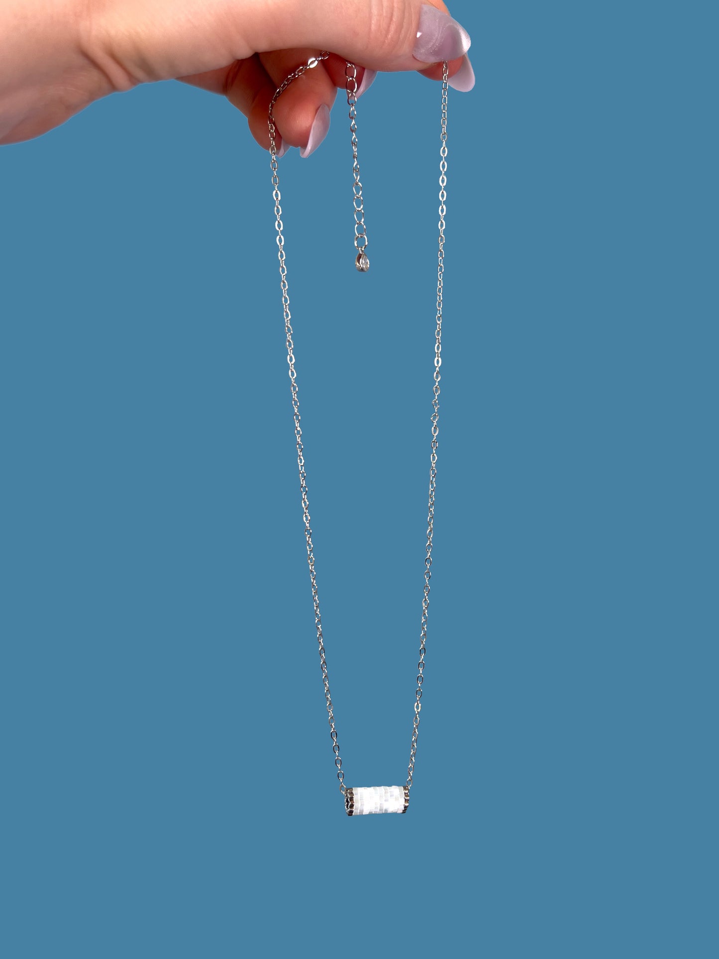 "Eira" Snowflake White Satin Tube Pendant Necklace