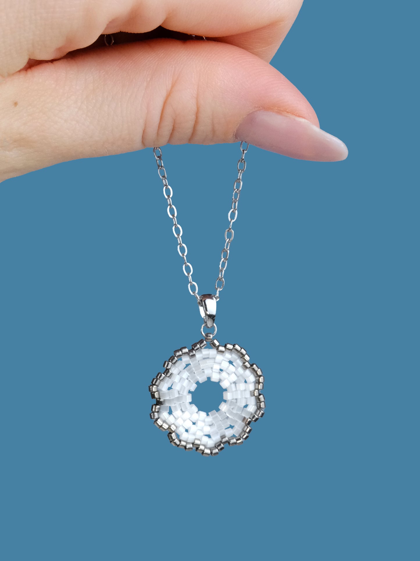 "Fleur Frost" Flower Snow White Satin and Dark Silver Plated Pendant Necklace