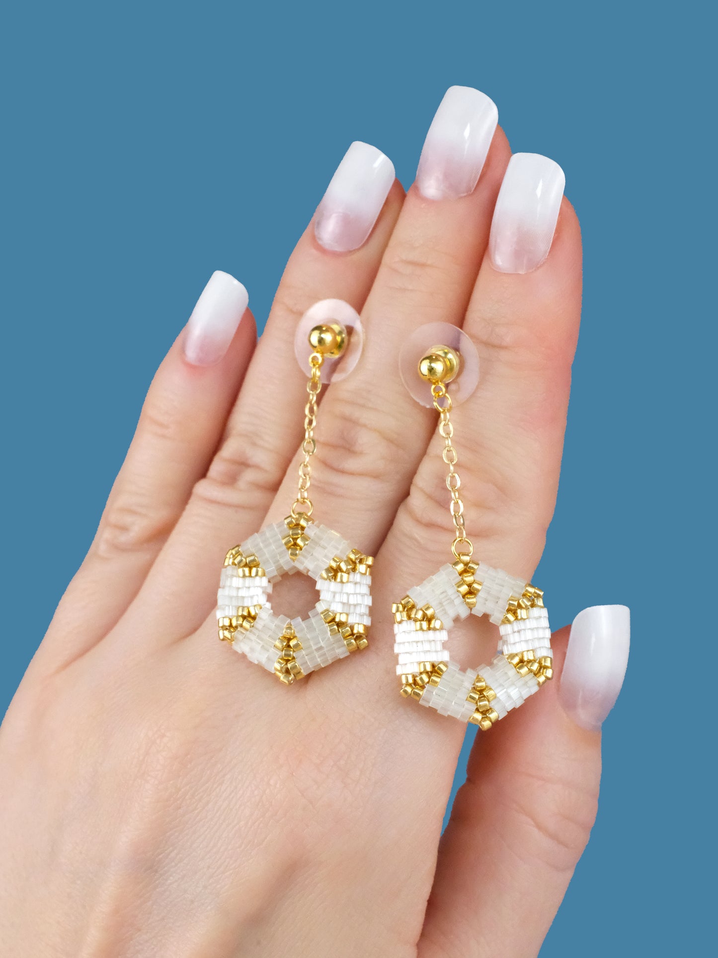 "Celestia Creamy" Hexagon Gold and Cream Satin Dangle Stud Earrings