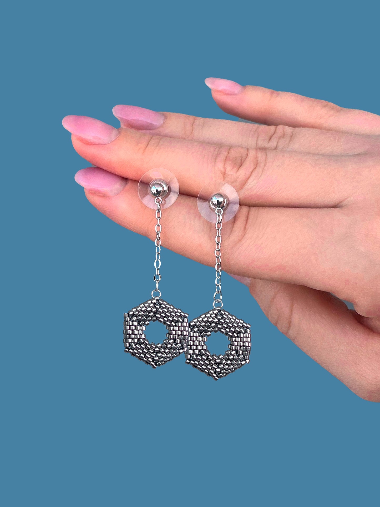 "Celestia Silver" Hexagon Silver Dangle Stud Earrings