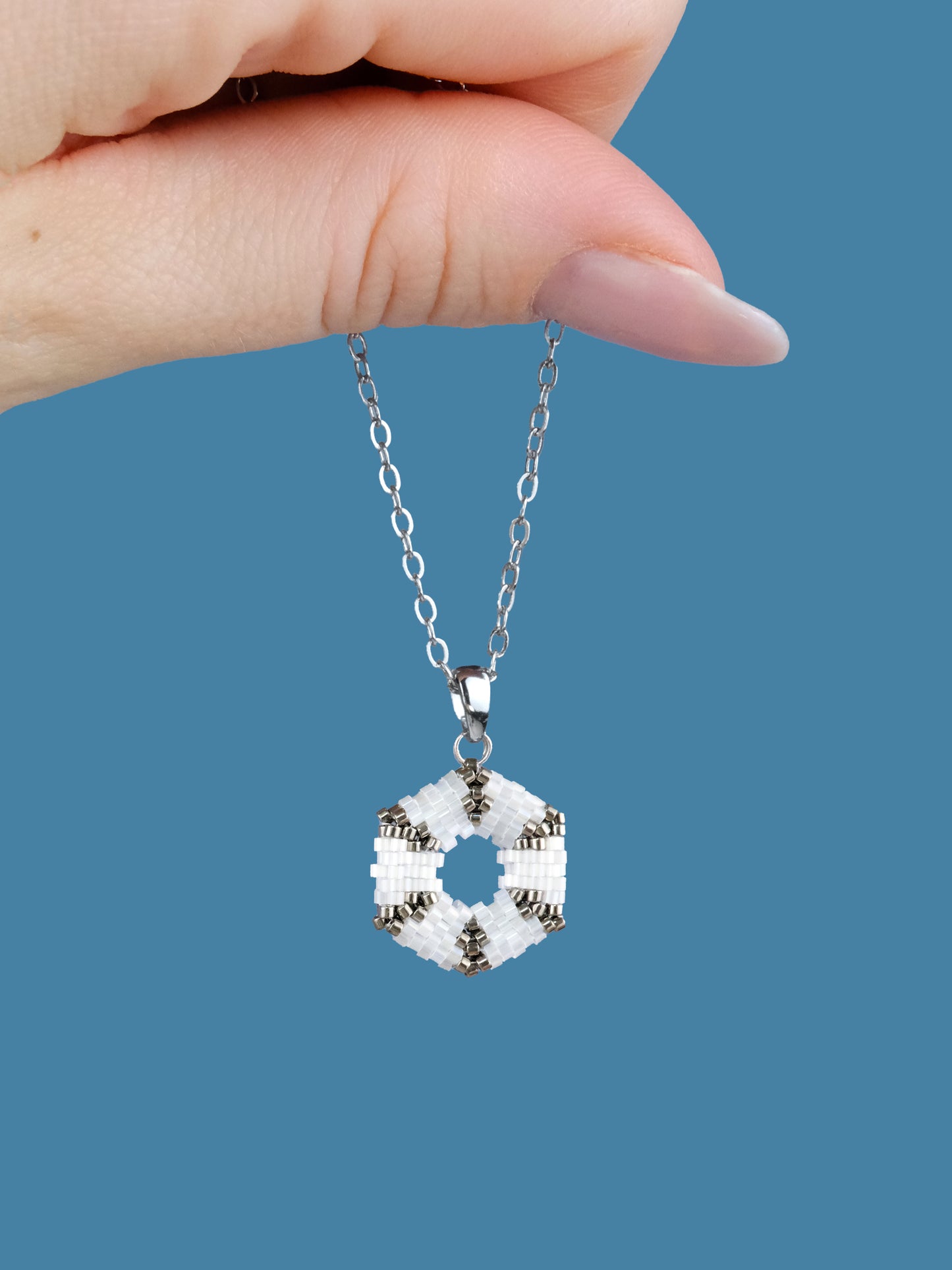 "Celestia Frost" Hexagon Silver and Snow White Satin Pendant Necklace