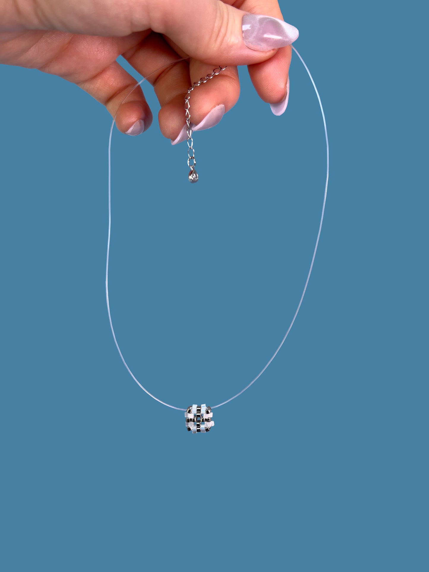 "Lina Silver" Necklace on a String: Silver and White Satin Pendant