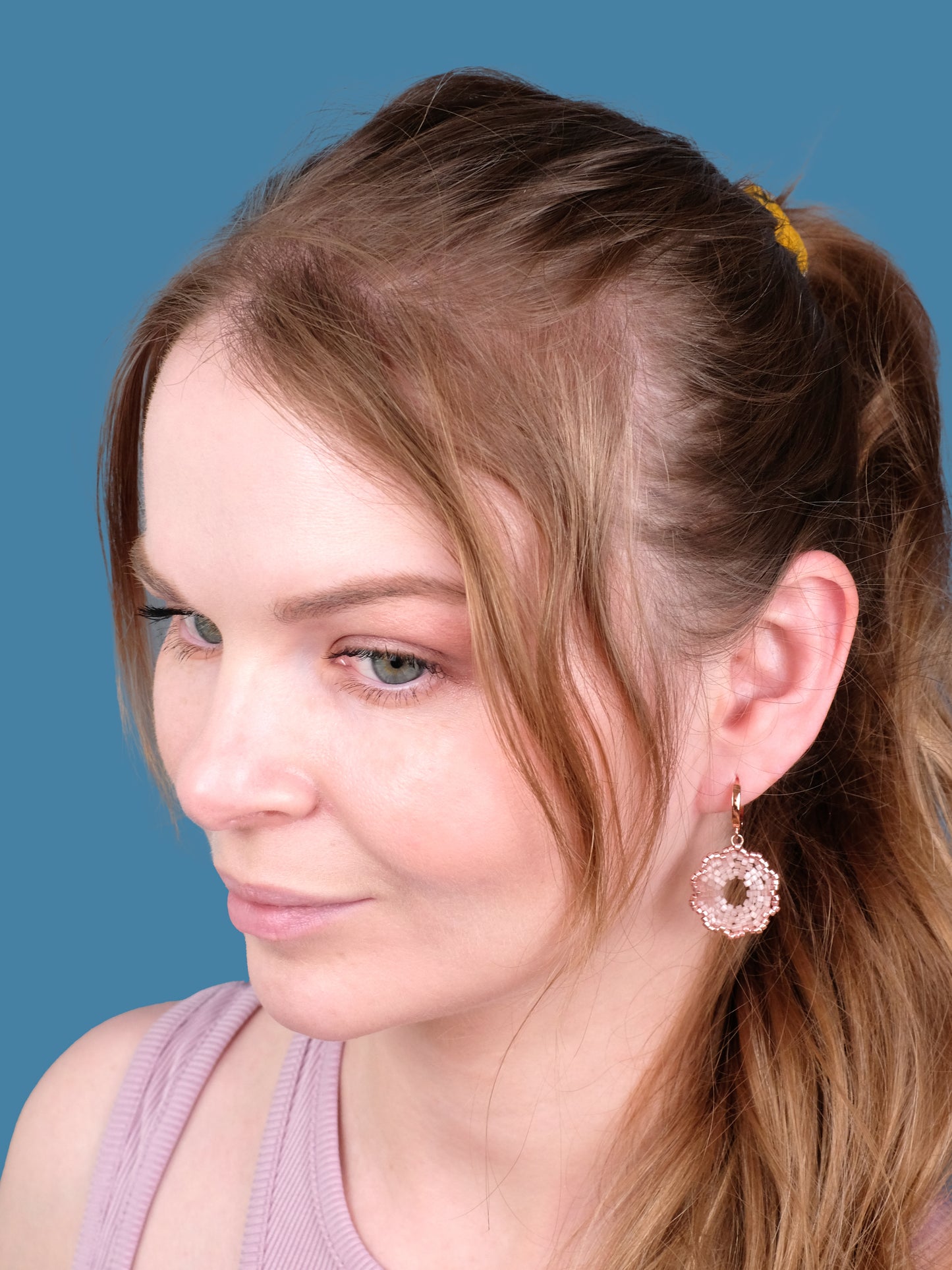 "Fleur Pink" Dangle Flower Rose Gold and Pink Satin Earrings
