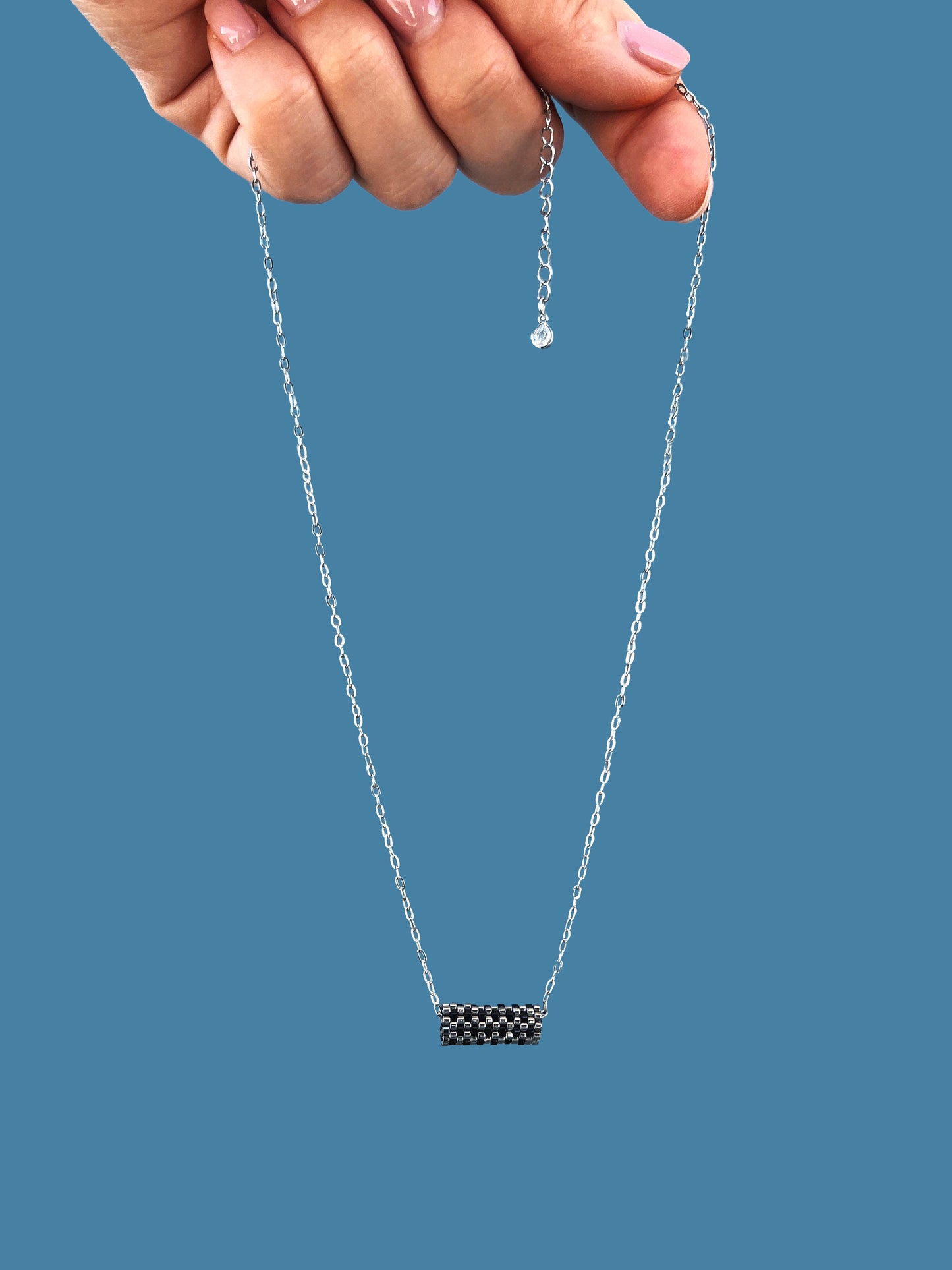 "Harper" Dark Silver and Black Tube Pendant Checkers Necklace