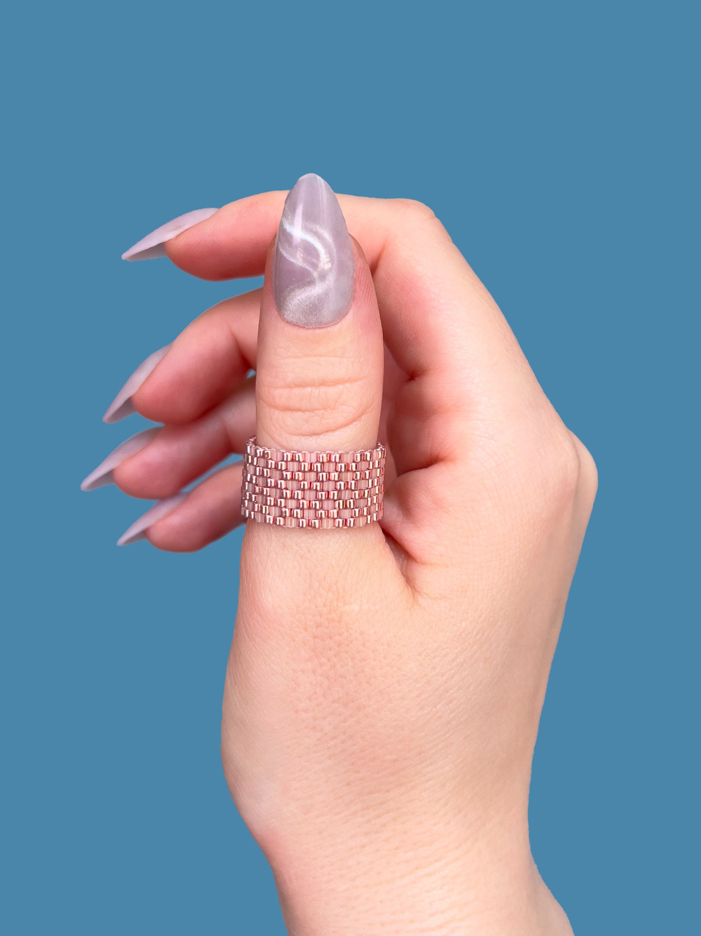 "Sorbet" Rose Gold and Satin Pink Checkers Seed Bead Ring