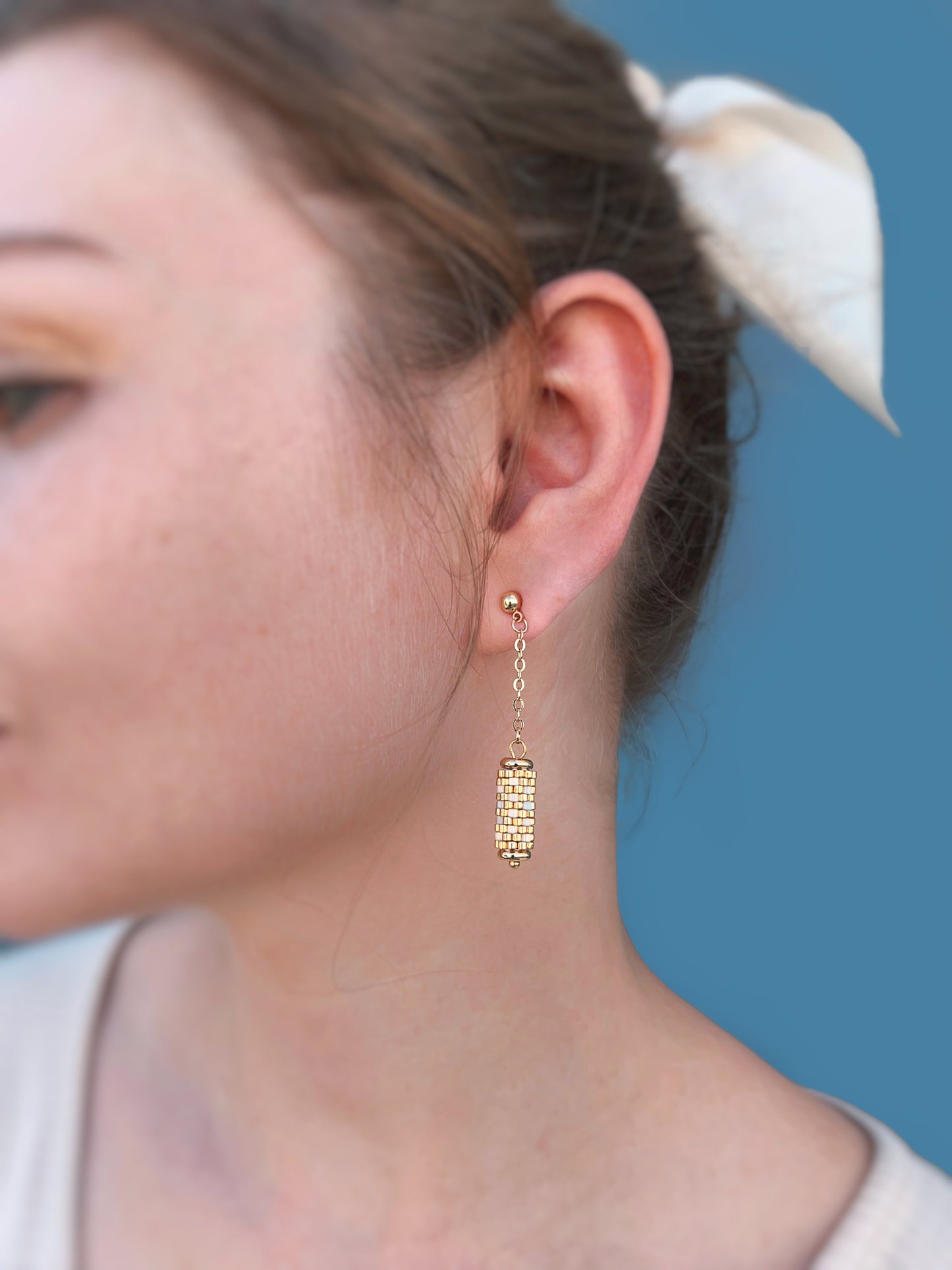 "Dahlia" Long Dangle Tube Gold and Cream Satin Stud Earrings