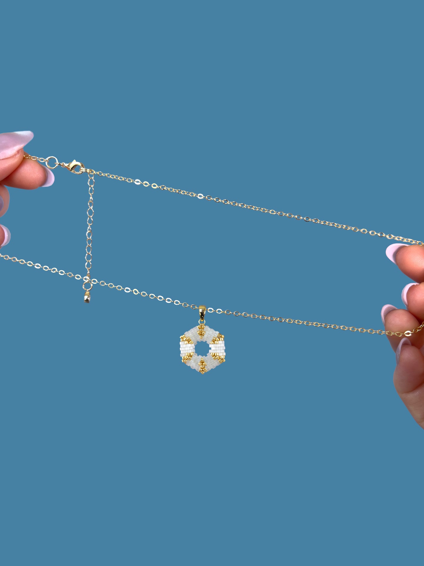 "Celestia Creamy" Hexagon Gold and Creamy Satin Pendant Necklace