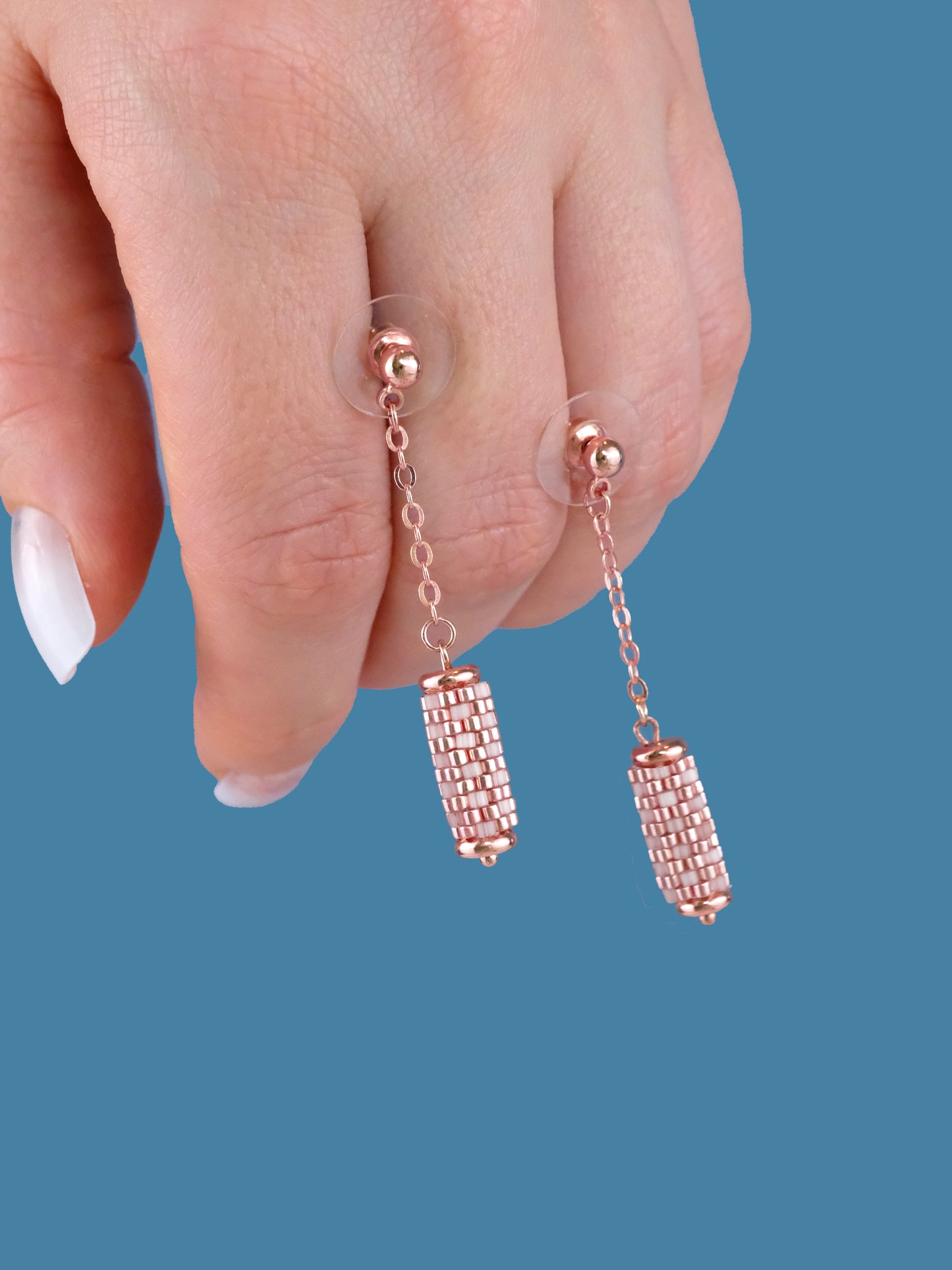 "Sorbet" Long Dangle Tube Rose Gold and Pink Satin Stud Earrings