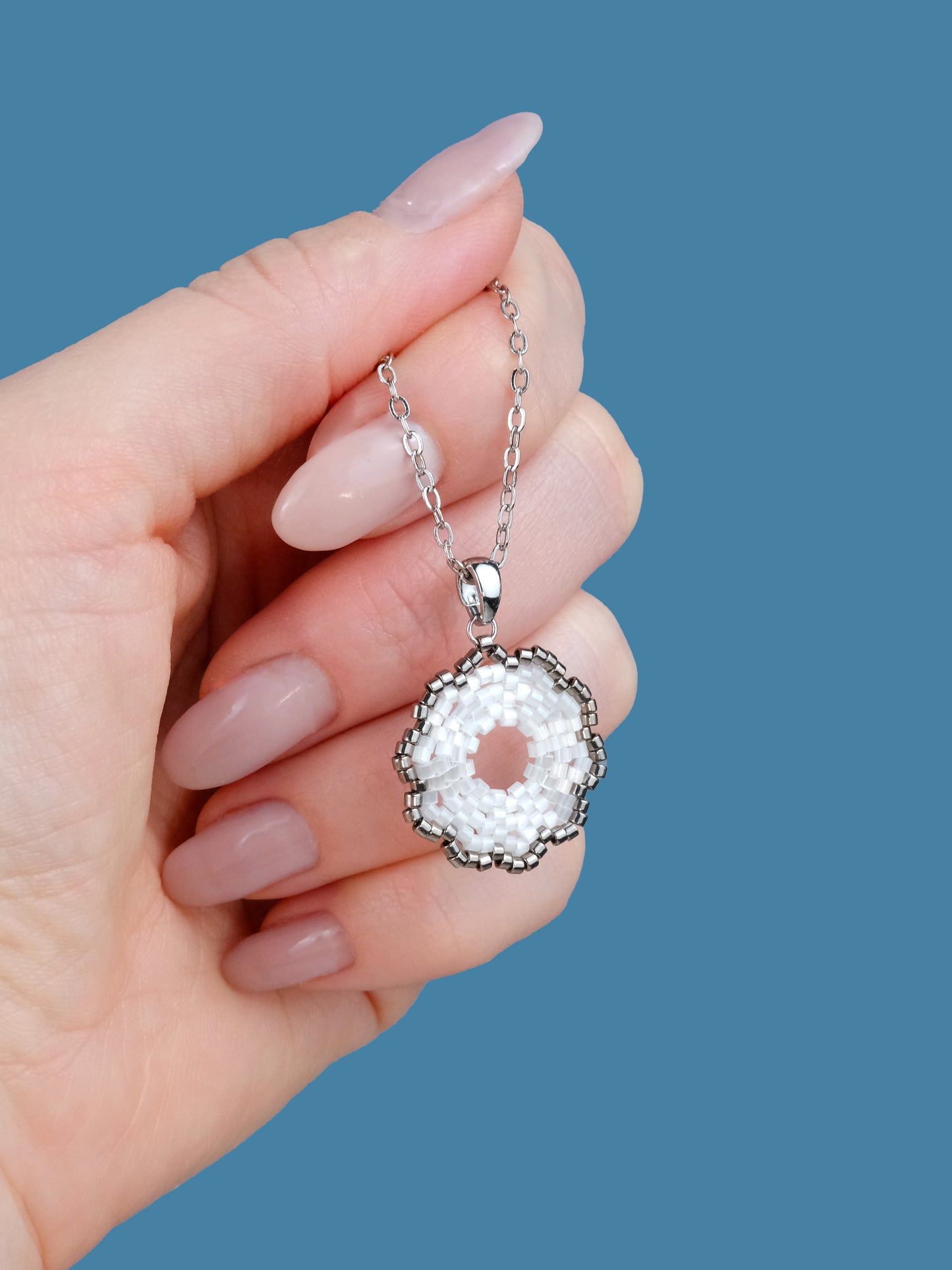 "Fleur Frost" Flower Snow White Satin and Dark Silver Plated Pendant Necklace