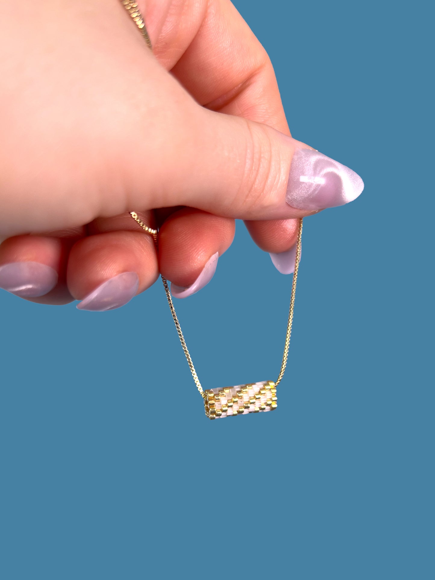"Allure" Gold and Creamy Satin Tube Diagonal Pendant Necklace