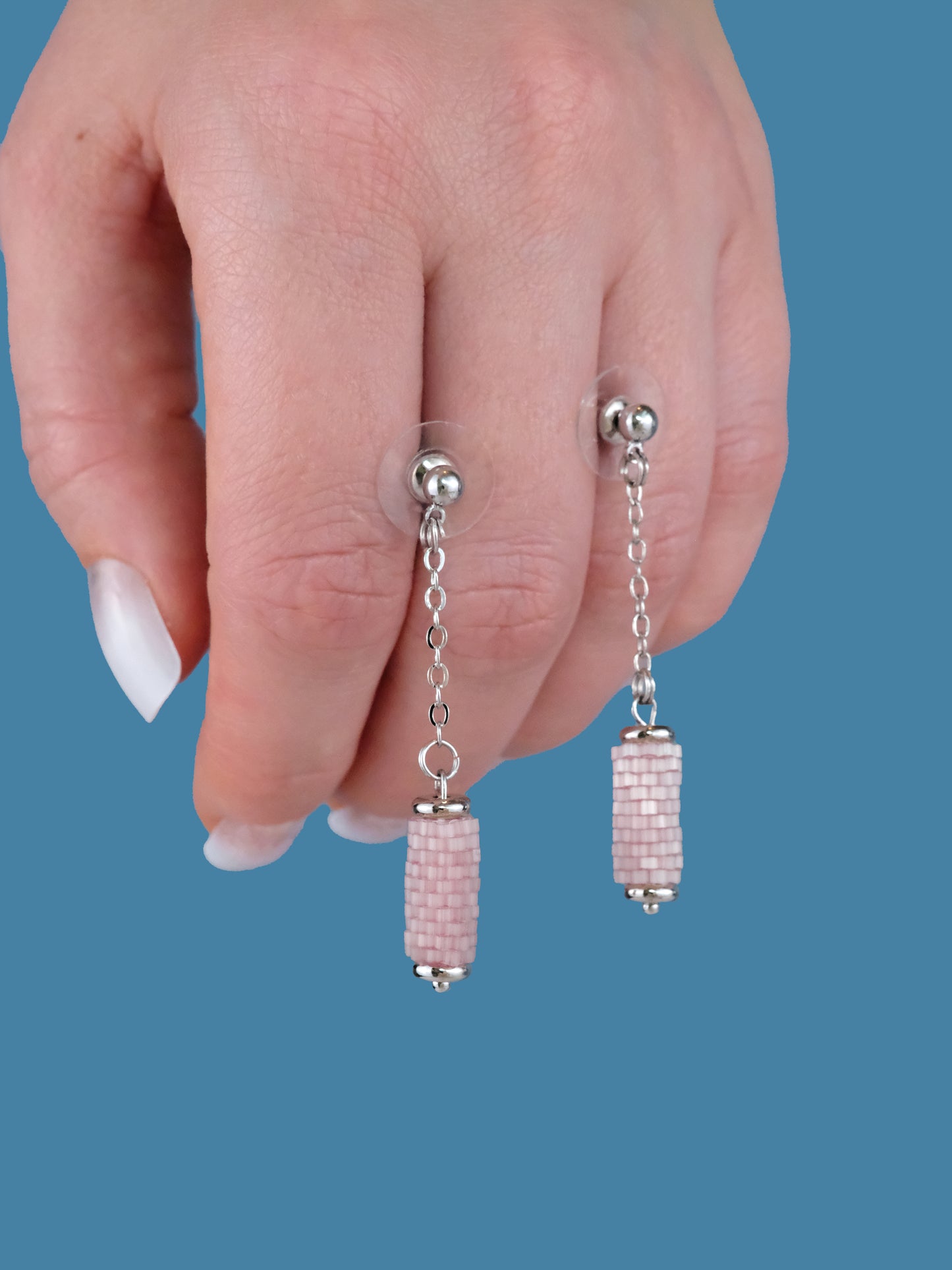 "Primrose" Long Dangle Tube Pink Satin Stud Earrings