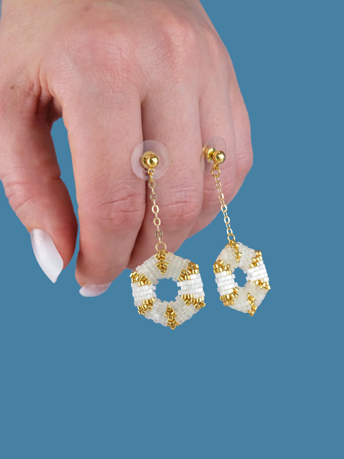 "Celestia Creamy" Hexagon Gold and Cream Satin Dangle Stud Earrings