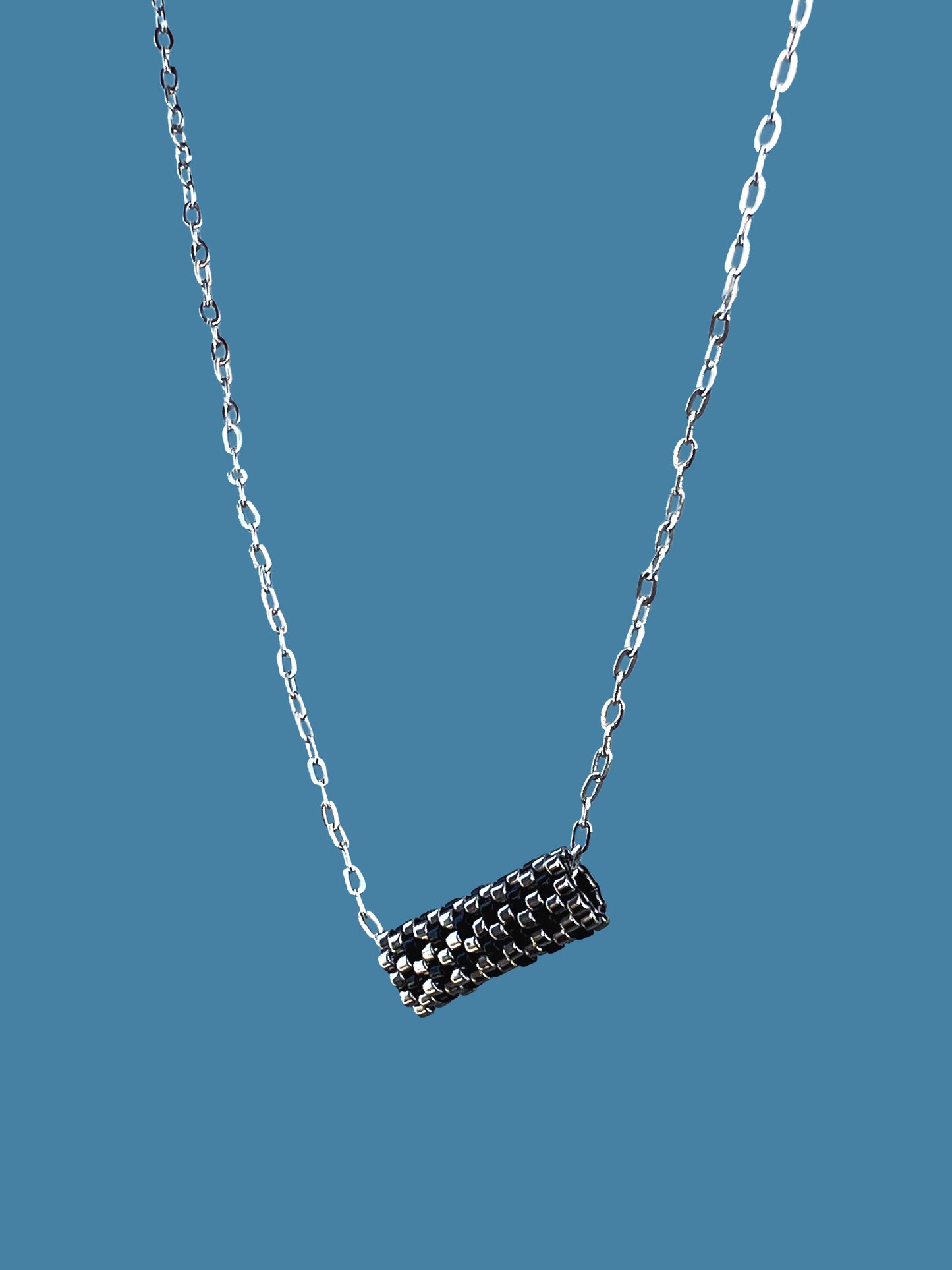 "Harper" Dark Silver and Black Tube Pendant Checkers Necklace