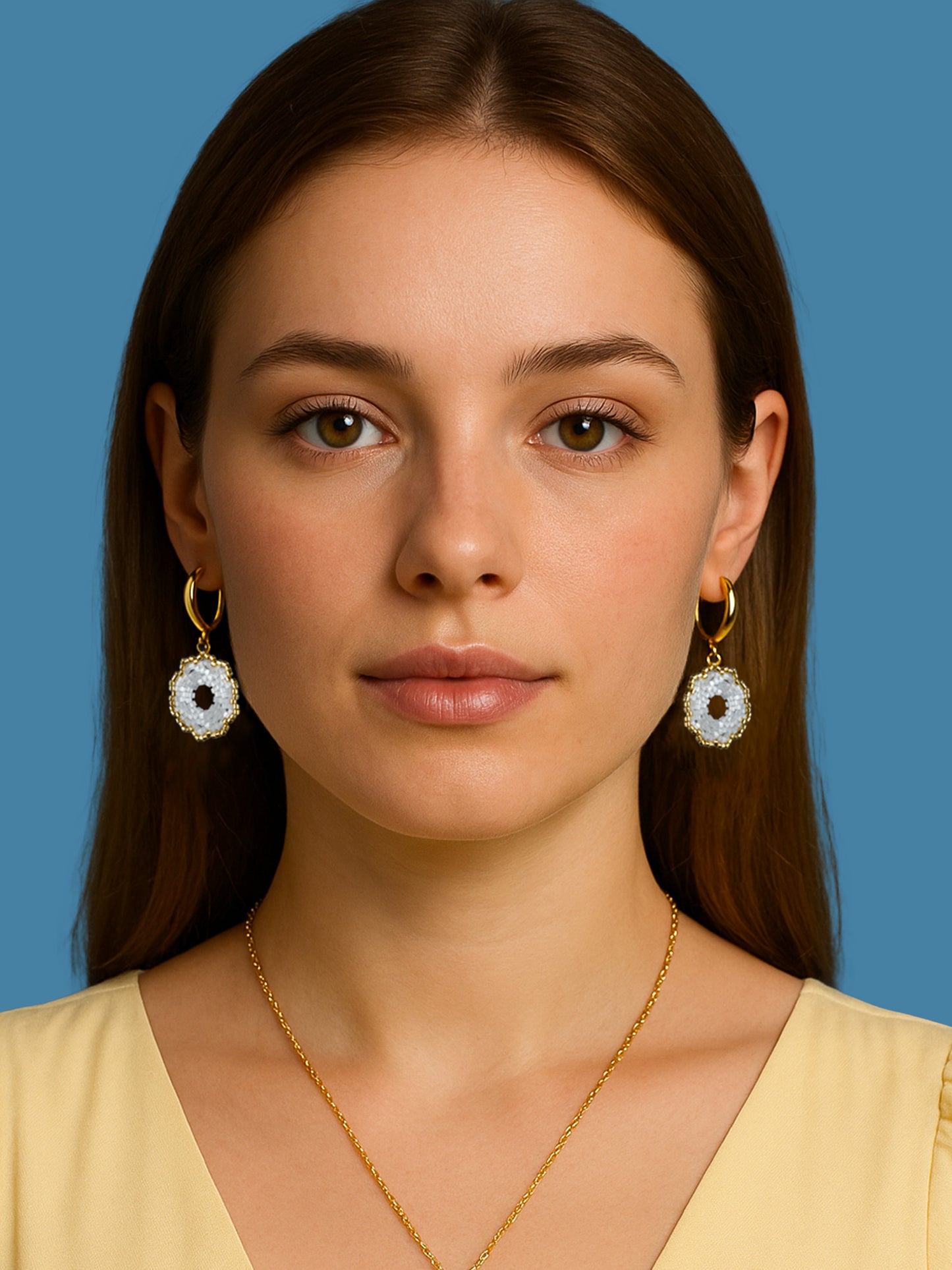 "Fleur Creamy" Dangle Flower Gold Plated and Cream Satin Earrings