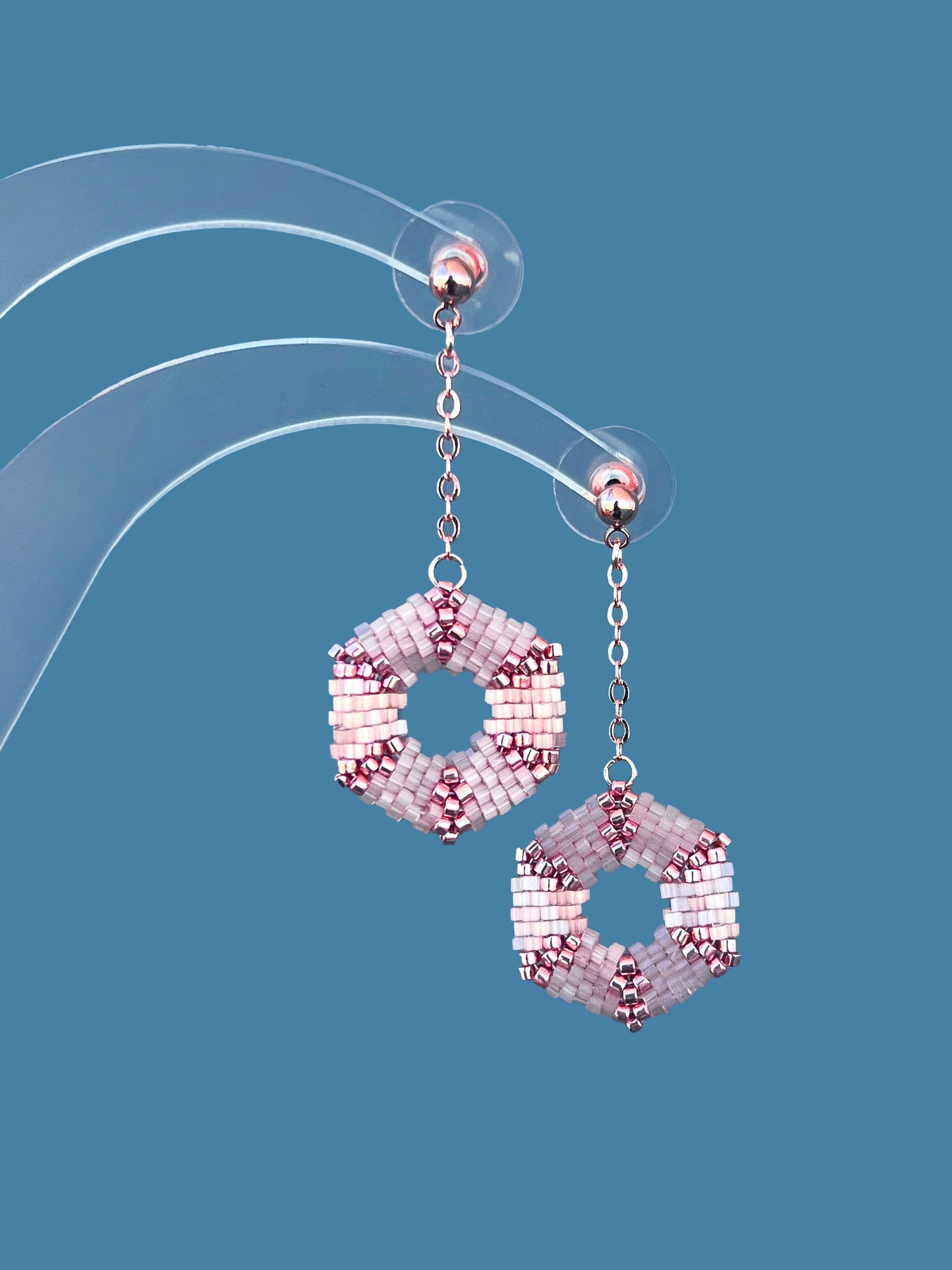 "Celestia Pink" Hexagon Rose Gold and Pink Satin Beaded Dangle Stud Earrings