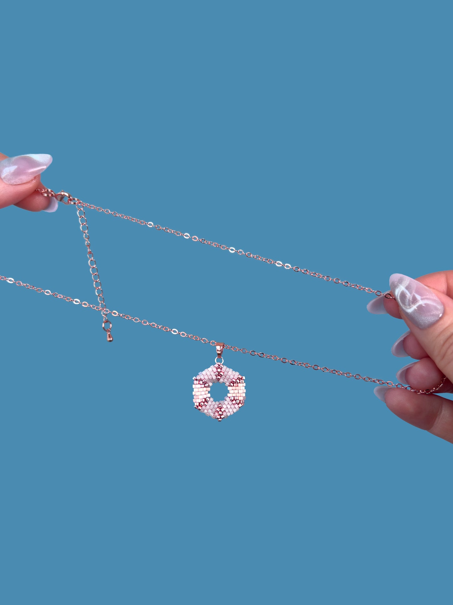 "Celestia Pink" Hexagon Rose Gold and Pink Satin Pendant Necklace