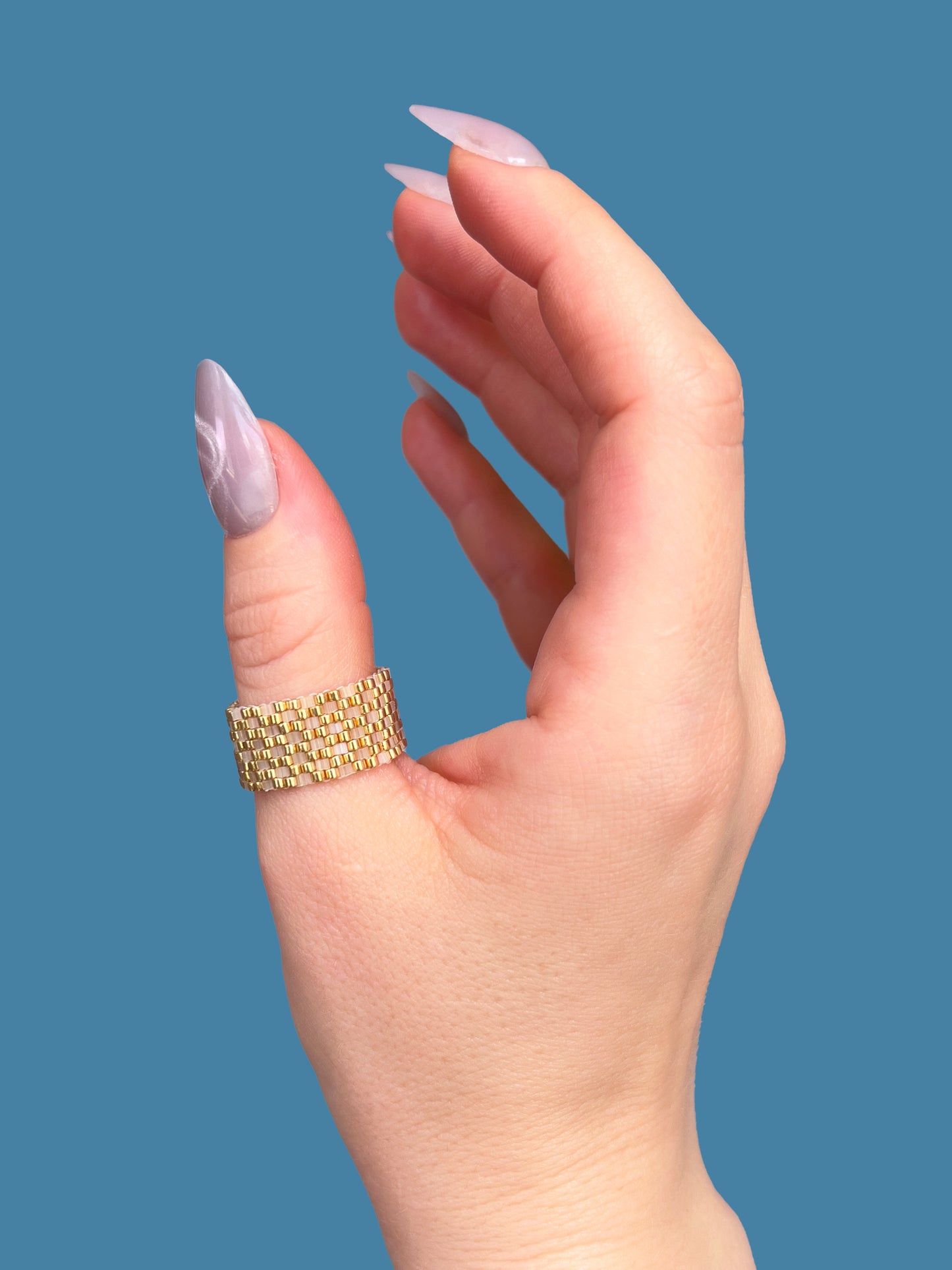 "Dahlia" Gold and Creamy Checkers Seed Bead Ring