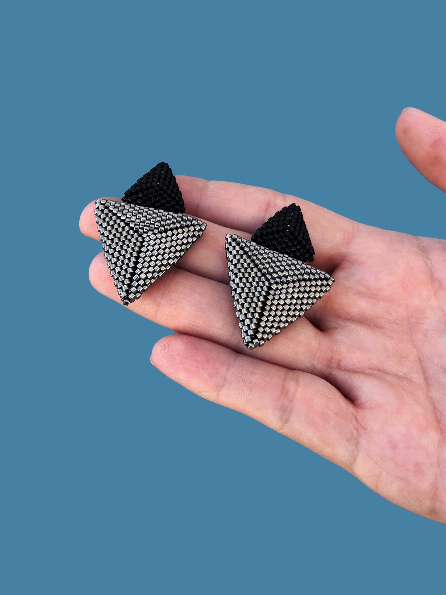 "Thalia" Triangle Dark Silver and Black Beaded Stud Earrings