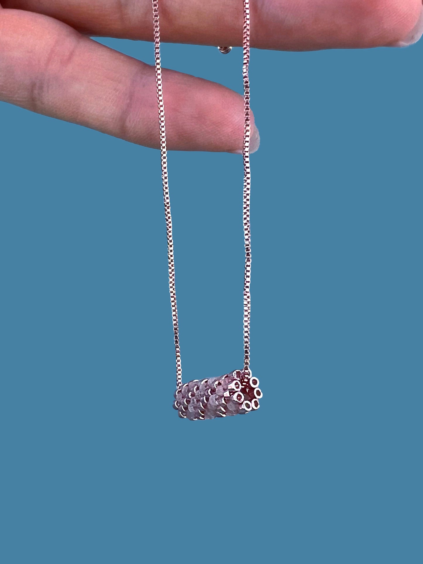 "Rosalie" Rose Gold and Satin Pink Tube Diagonal Pendant Necklace