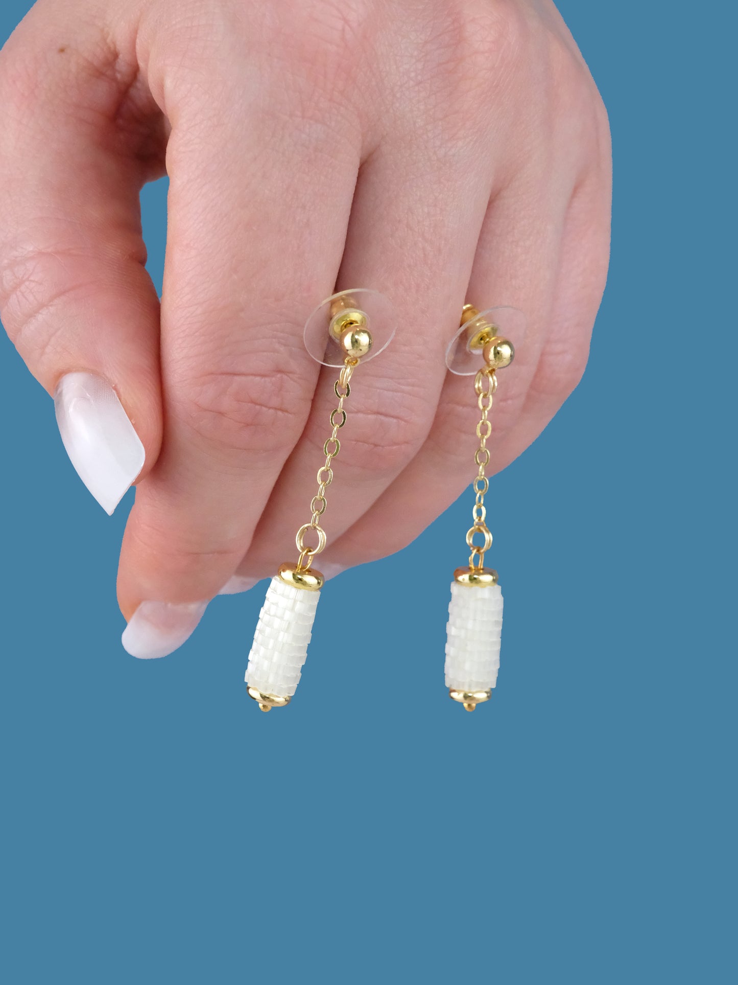 "Ivory" Long Dangle Tube Cream Satin Stud Earrings