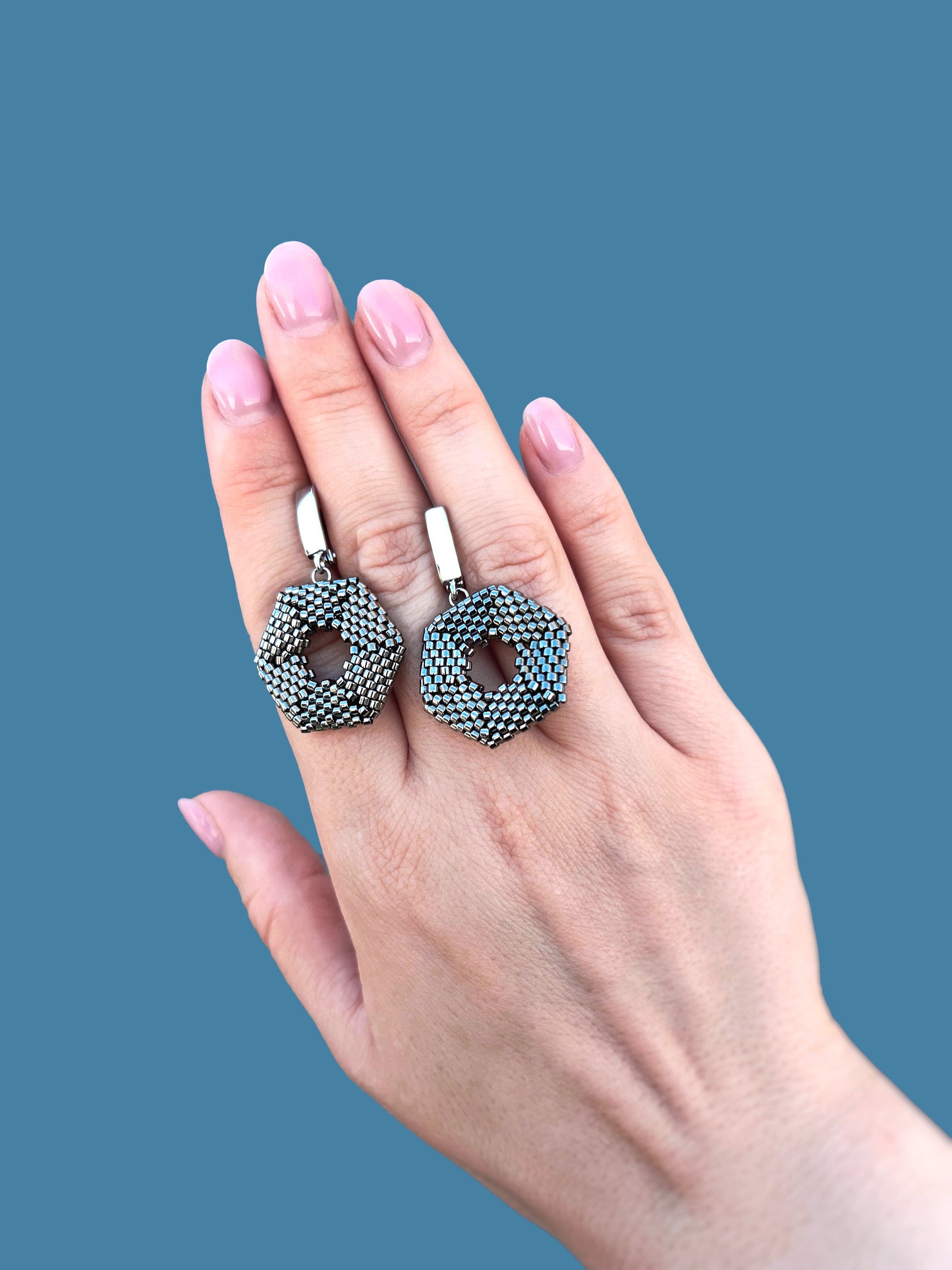"Selena" Hexagon Dark Silver Beaded Statement Earrings with Silver Plated Findings