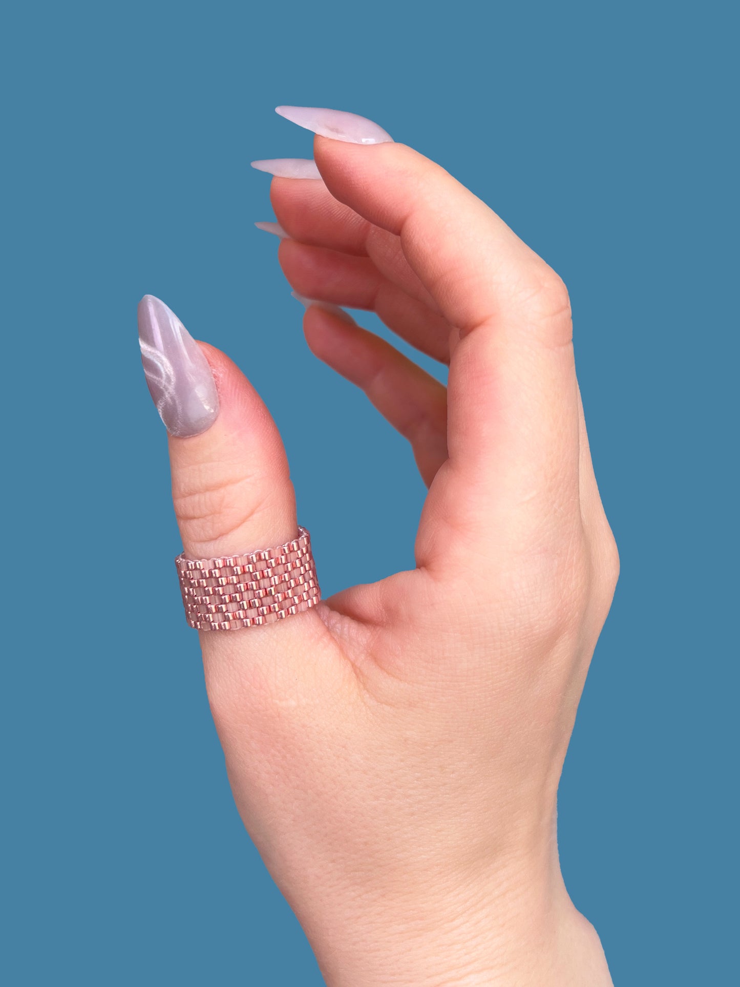 "Sorbet" Rose Gold and Satin Pink Checkers Seed Bead Ring