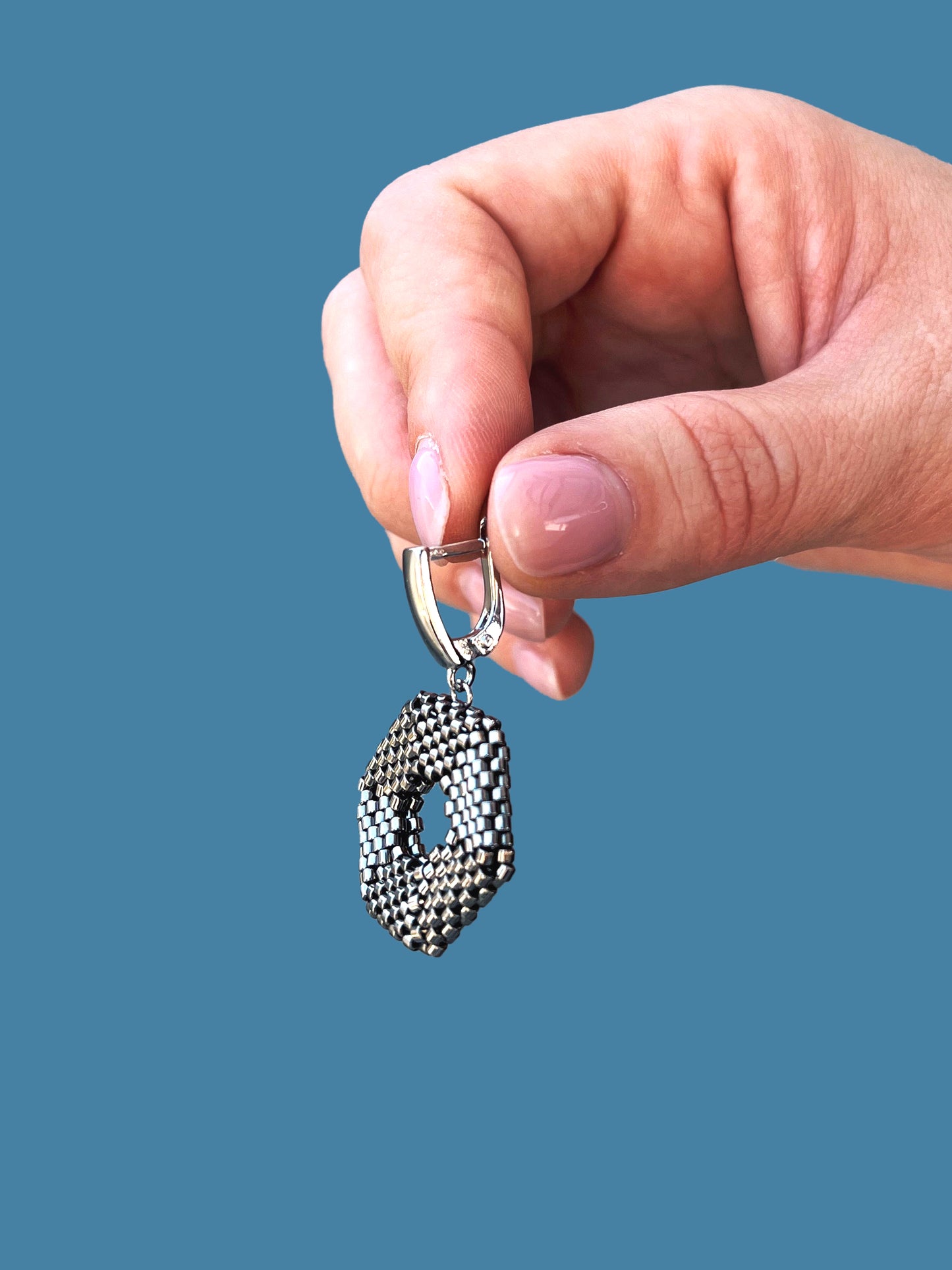 "Selena" Hexagon Dark Silver Beaded Statement Earrings with Silver Plated Findings