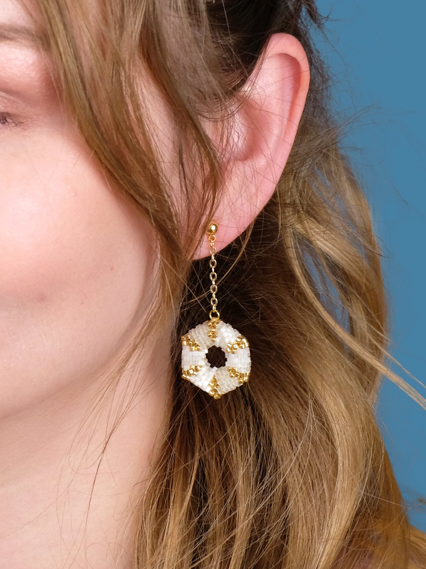 "Celestia Creamy" Hexagon Gold and Cream Satin Dangle Stud Earrings
