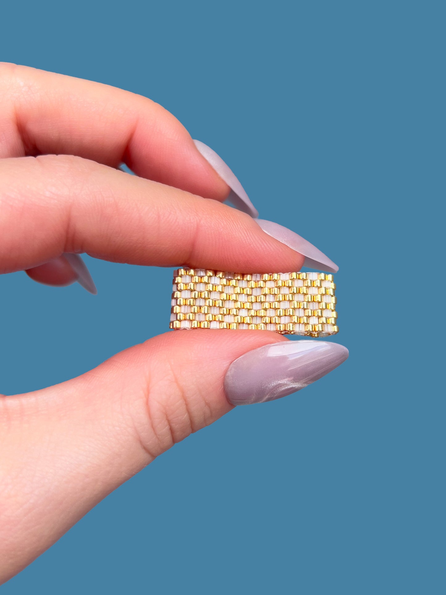 "Dahlia" Gold and Creamy Checkers Seed Bead Ring