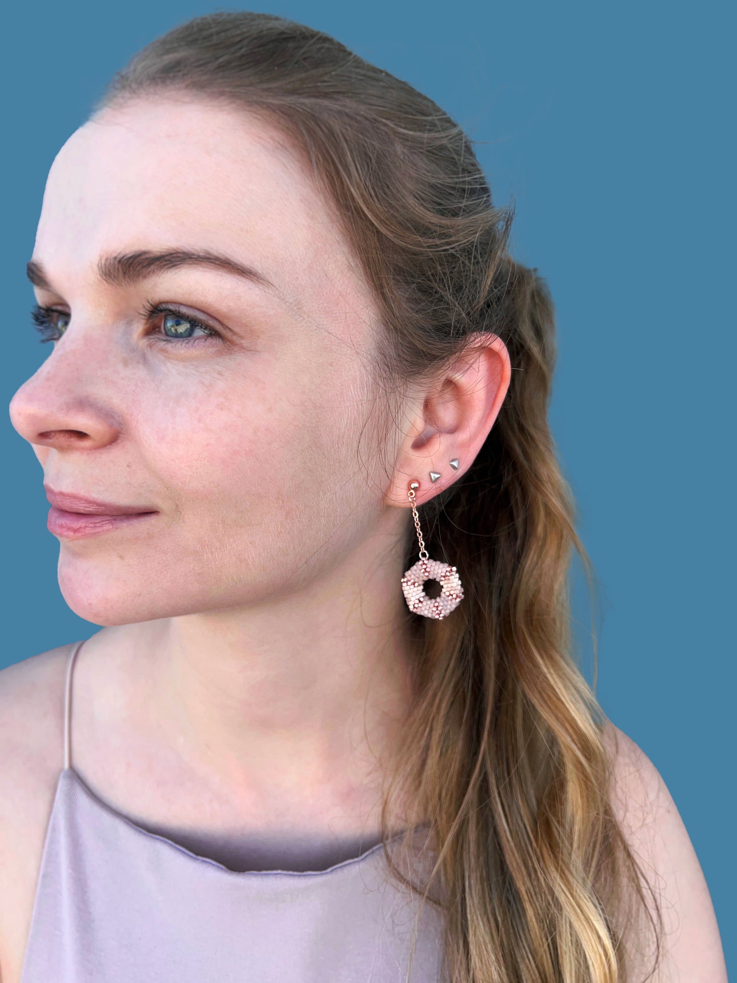 "Celestia Pink" Hexagon Rose Gold and Pink Satin Beaded Dangle Stud Earrings