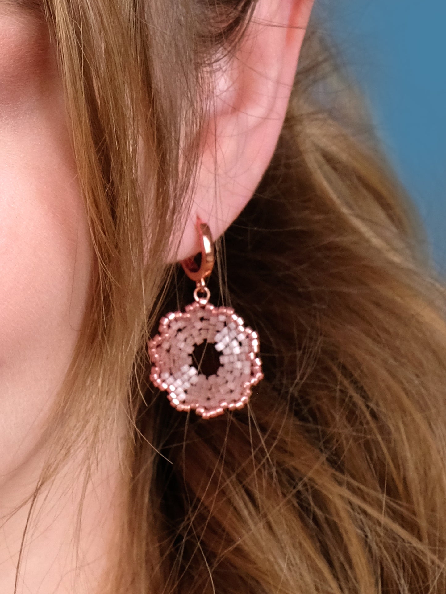 "Fleur Pink" Dangle Flower Rose Gold and Pink Satin Earrings