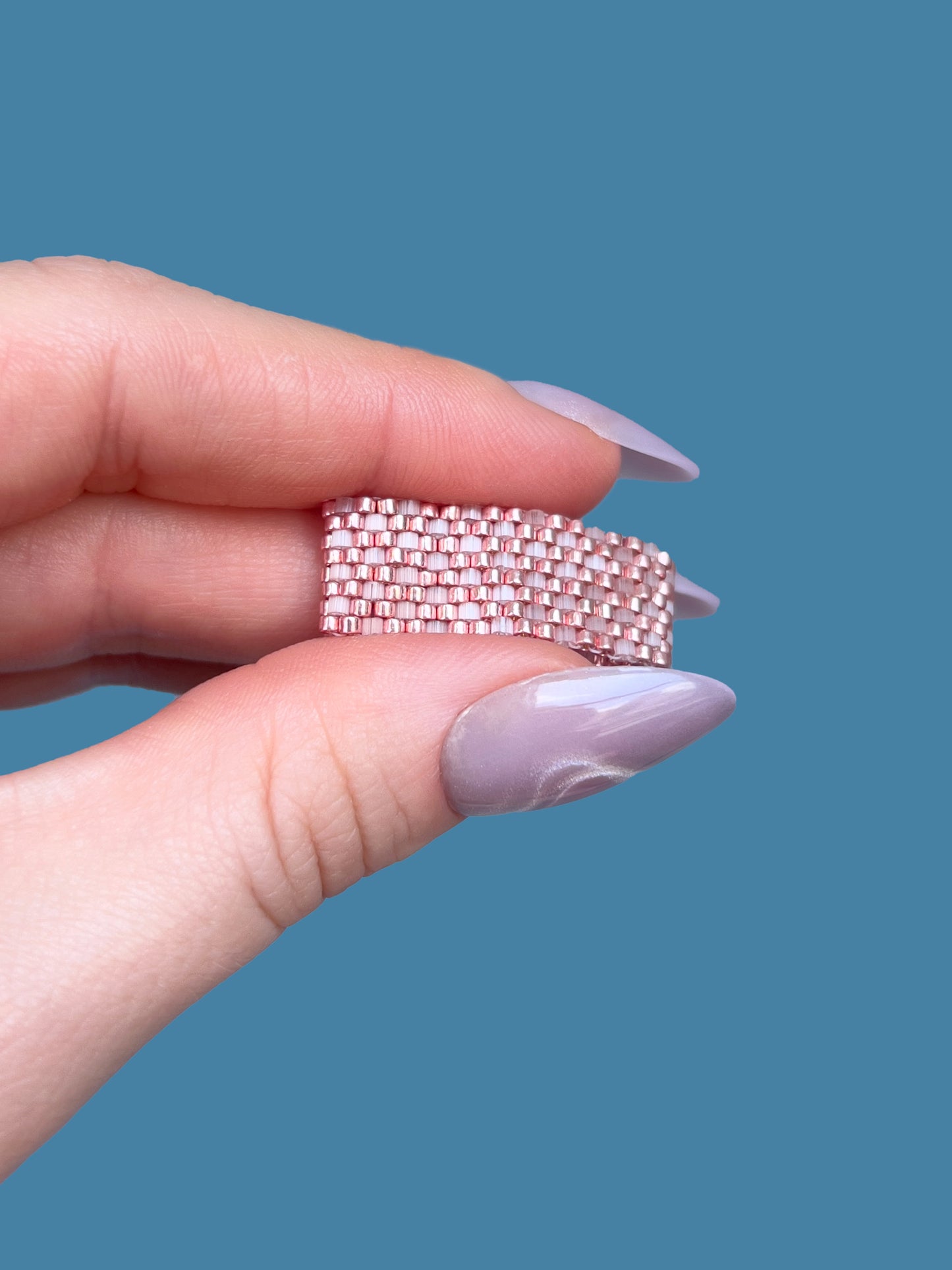 "Sorbet" Rose Gold and Satin Pink Checkers Seed Bead Ring