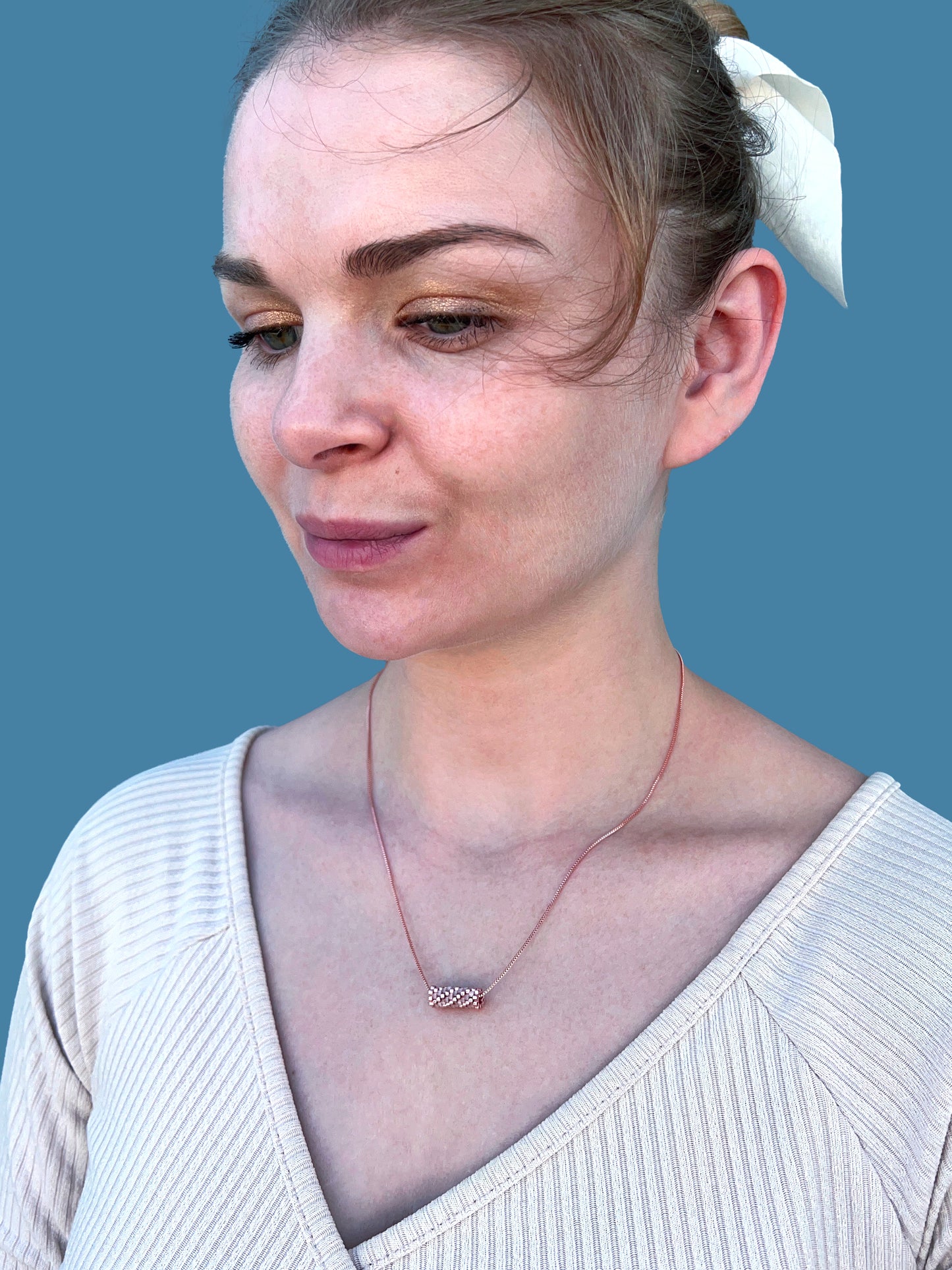 "Rosalie" Rose Gold and Satin Pink Tube Diagonal Pendant Necklace