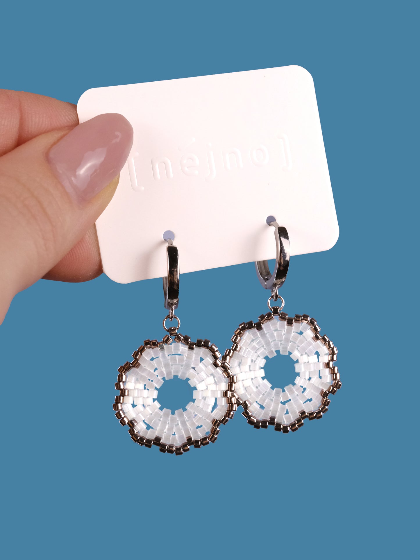 "Fleur Frost" Dangle Flower Snow White Satin and Dark Silver Plated Earrings